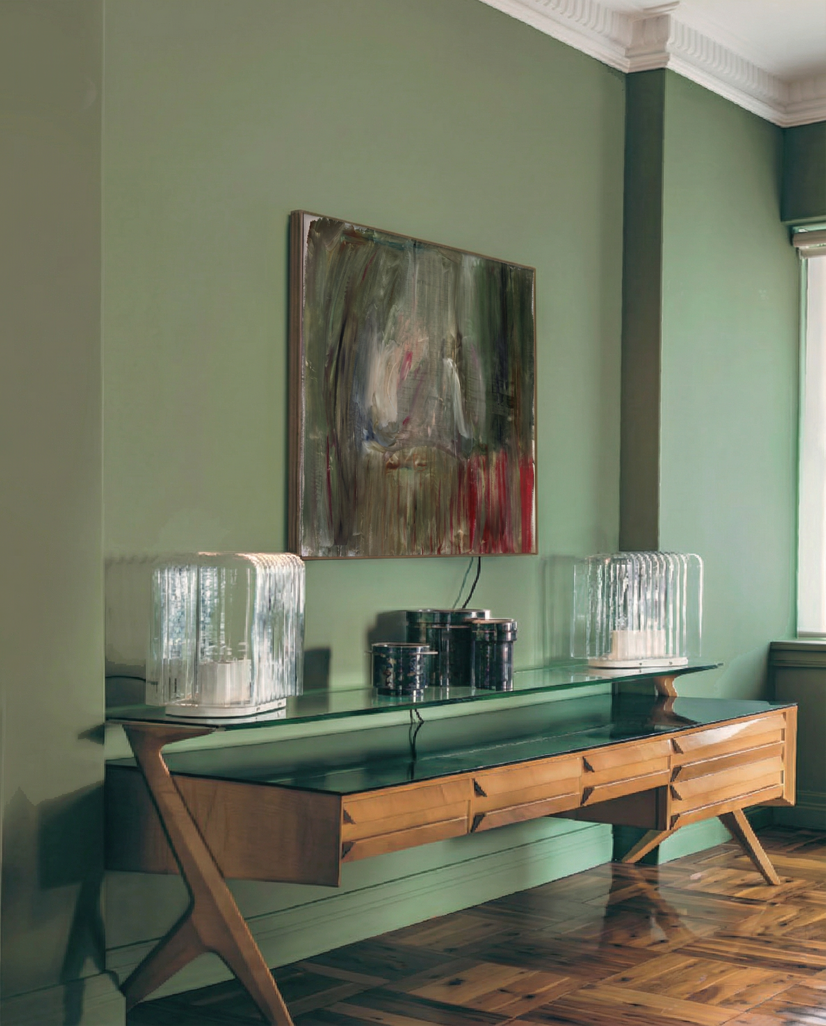 Wooden console table with glass top against a green wall with a painting. Field green – Bold Abstract Canvas Wall Art | Large Luxury Print | Brume Art 