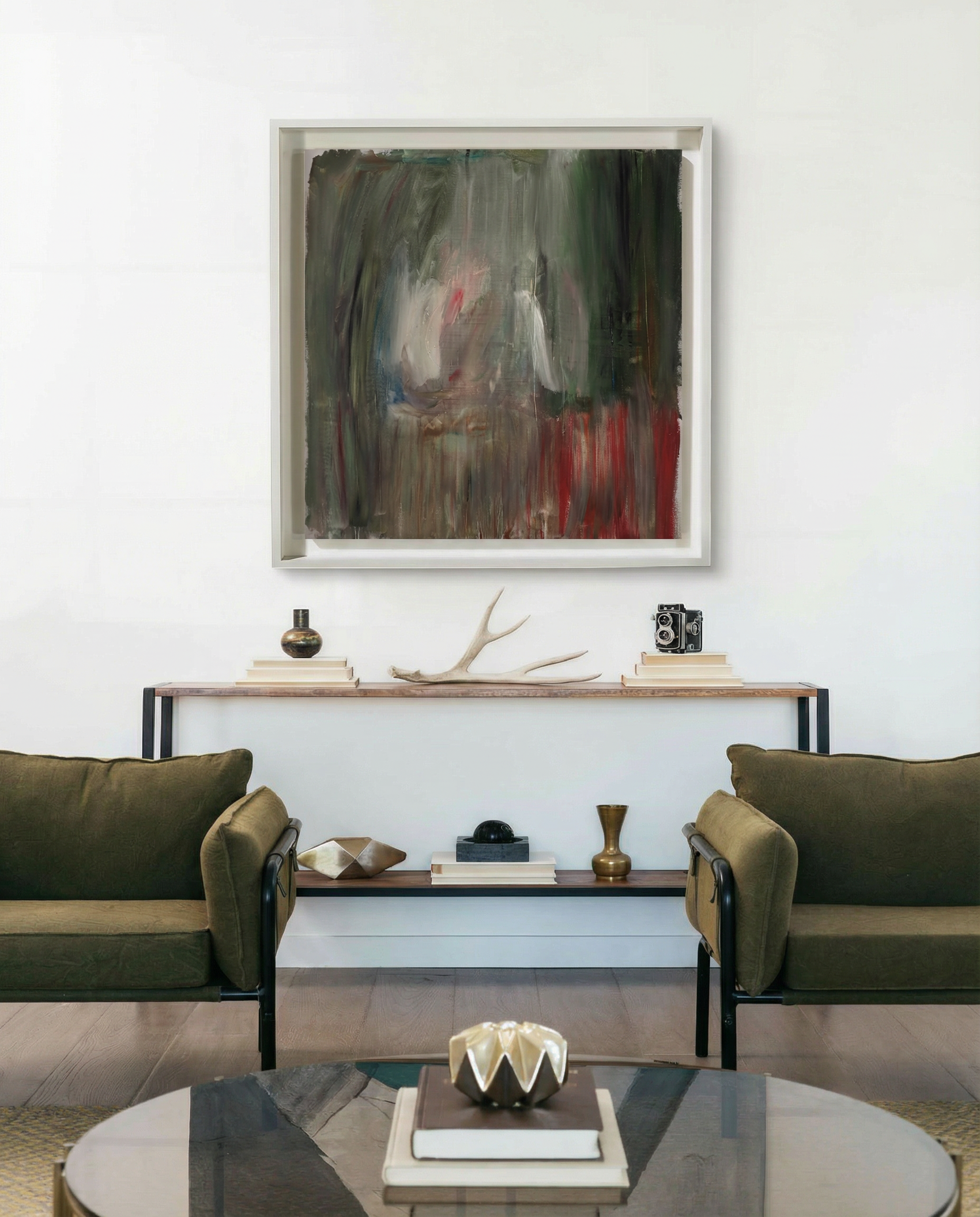 Modern living room with olive green sofa, round coffee table, and abstract painting on white wall. Field green – Bold Abstract Canvas Wall Art | Large Luxury Print | Brume Art 