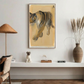 Framed artwork of a tiger on a wall in a room with a lamp, vase, and decor items. Tiger – Contemporary Animal Canvas Art | Luxury Wall Decor | Brume Art