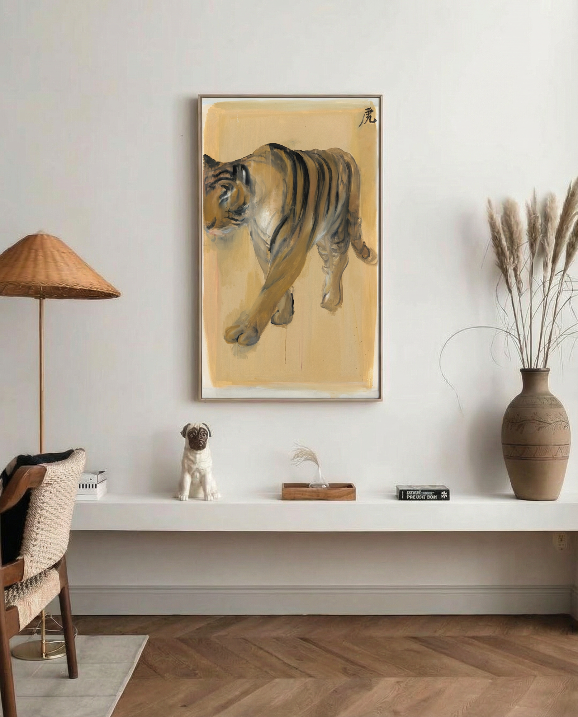 Framed artwork of a tiger on a wall in a room with a lamp, vase, and decor items. Tiger – Contemporary Animal Canvas Art | Luxury Wall Decor | Brume Art