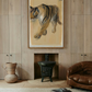 Living room with a tiger painting on the wall, brown leather chair, and wooden vase. Tiger – Contemporary Animal Canvas Art | Luxury Wall Decor | Brume Art
