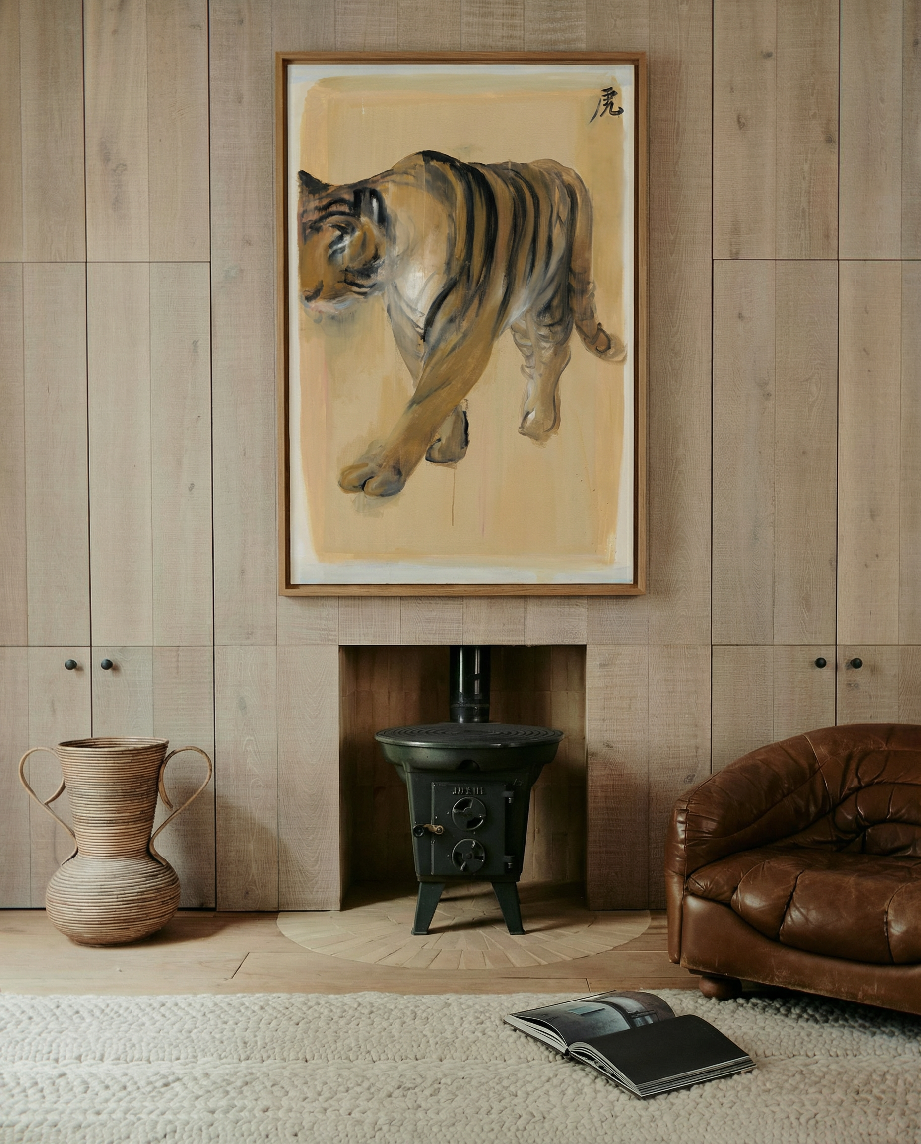 Living room with a tiger painting on the wall, brown leather chair, and wooden vase. Tiger – Contemporary Animal Canvas Art | Luxury Wall Decor | Brume Art