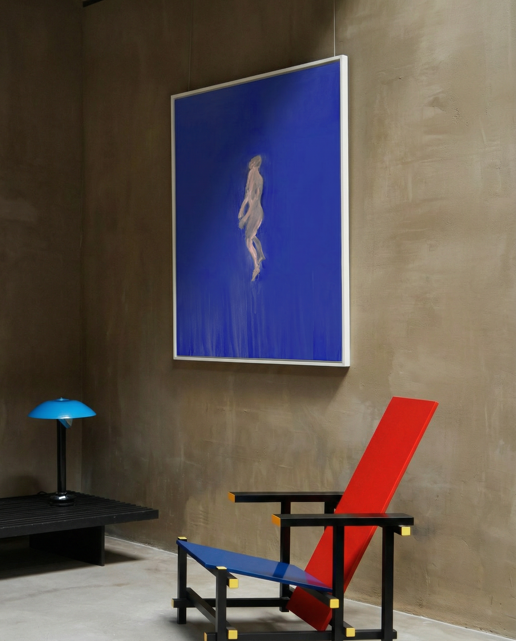 Modern chair with blue and red design in a room with a abstract painting on the wall. in the blue – Figurative Canvas Print | Modern Luxury Wall Art | Brume Art