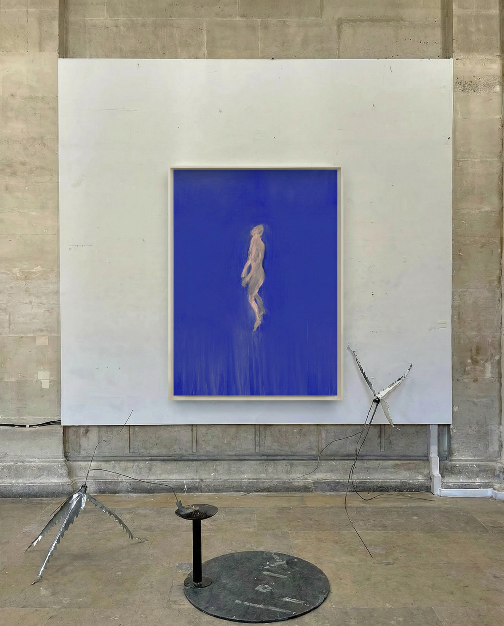 Abstract sculpture with a blue panel featuring a nude figure in a gallery setting. in the blue – Figurative Canvas Print | Modern Luxury Wall Art | Brume Art