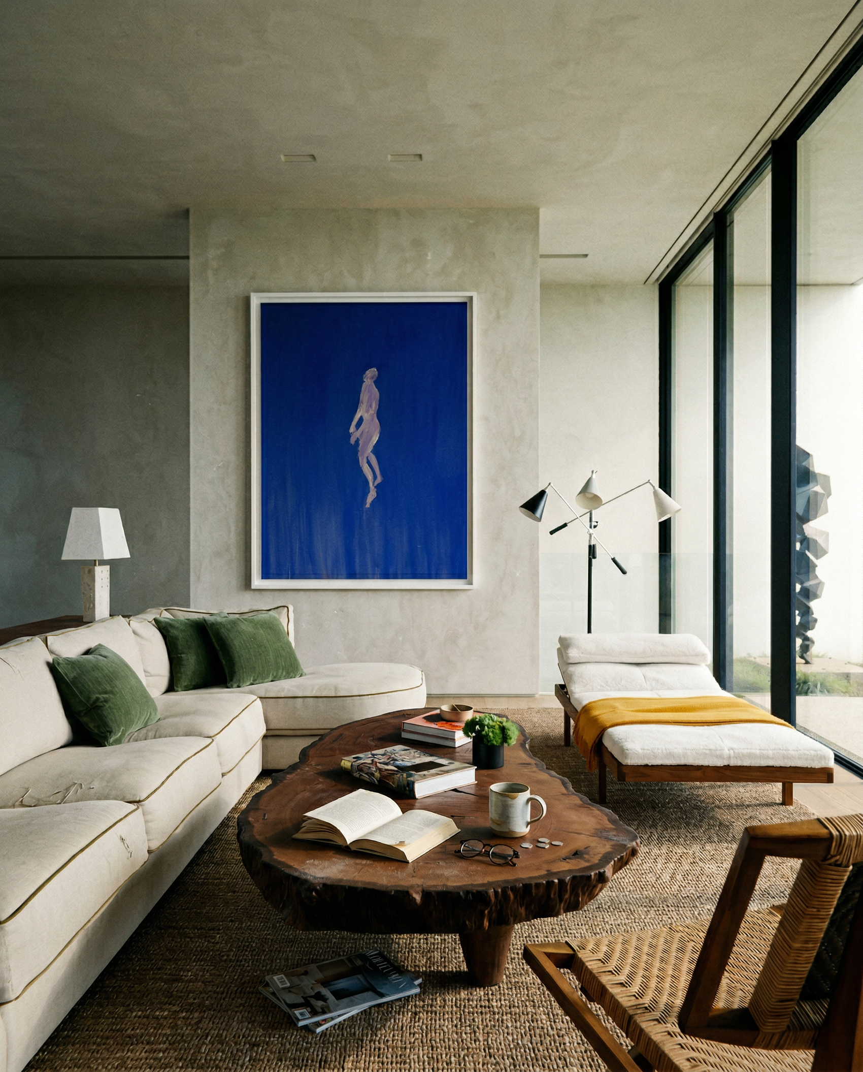 Modern living room with a large abstract painting on the wall, a wooden coffee table, and comfortable seating. in the blue – Figurative Canvas Print | Modern Luxury Wall Art | Brume Art