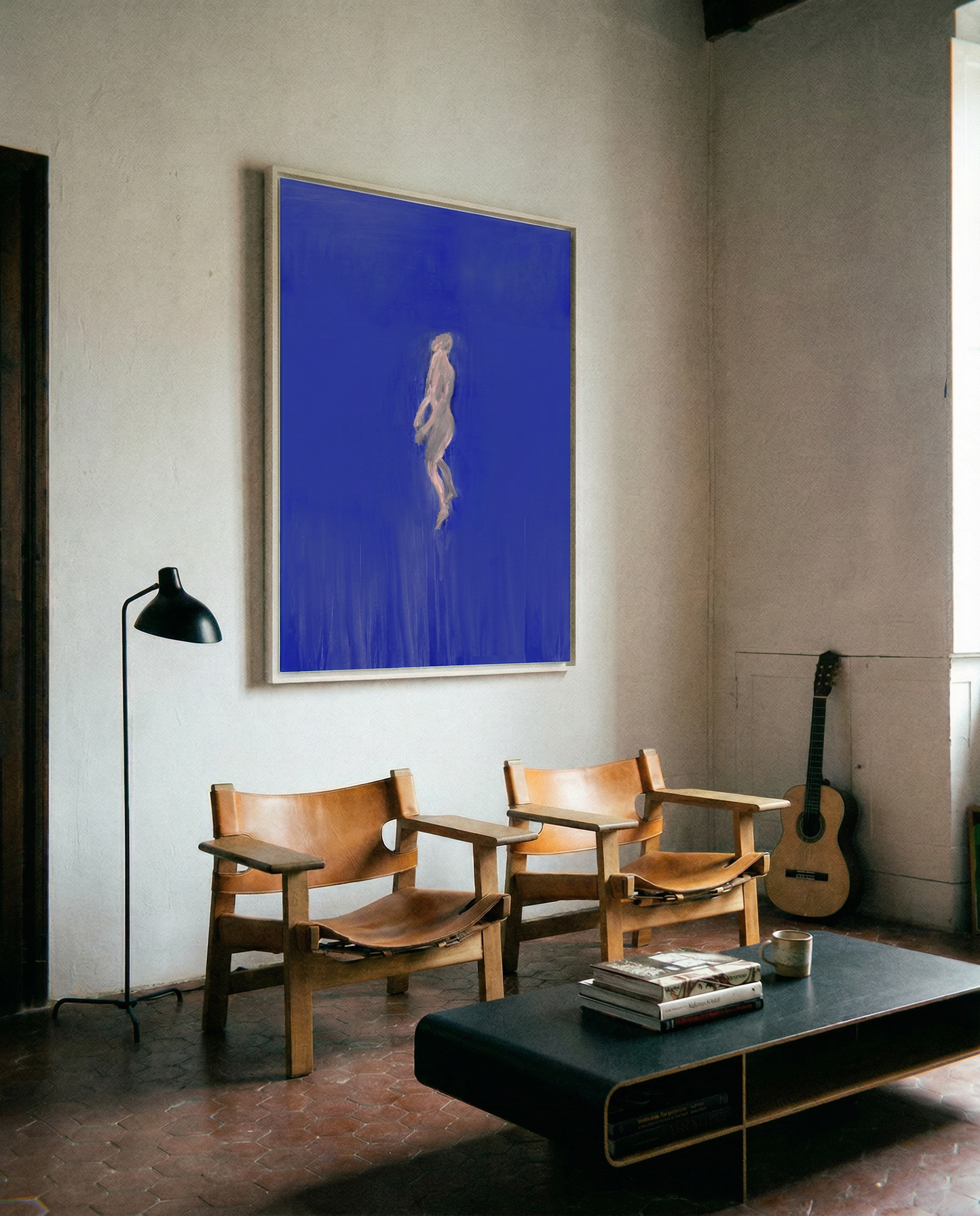 Modern living room with wooden chairs, a coffee table, and a large blue abstract painting on the wall. in the blue – Figurative Canvas Print | Modern Luxury Wall Art | Brume Art