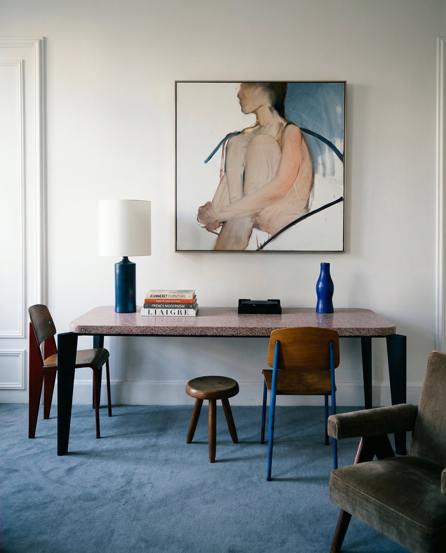 Modern office with a desk, chairs, and abstract painting on the wall. Held body – Figurative Canvas Wall Art | Contemporary Luxury Print | Brume Art