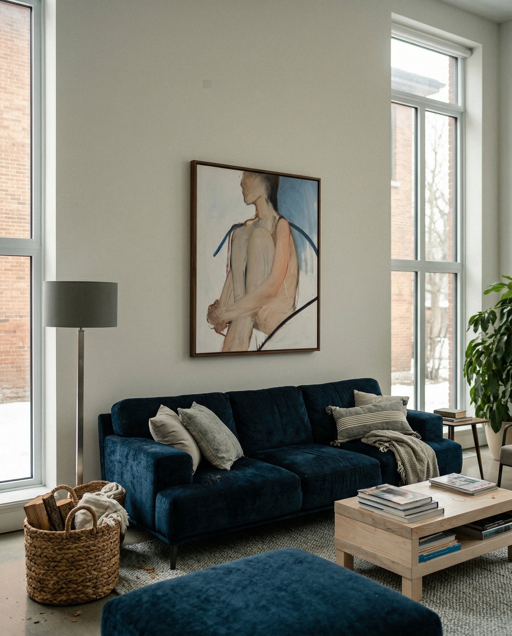Modern living room with a blue sofa, wooden coffee table, and large windows. Held body – Figurative Canvas Wall Art | Contemporary Luxury Print | Brume Art