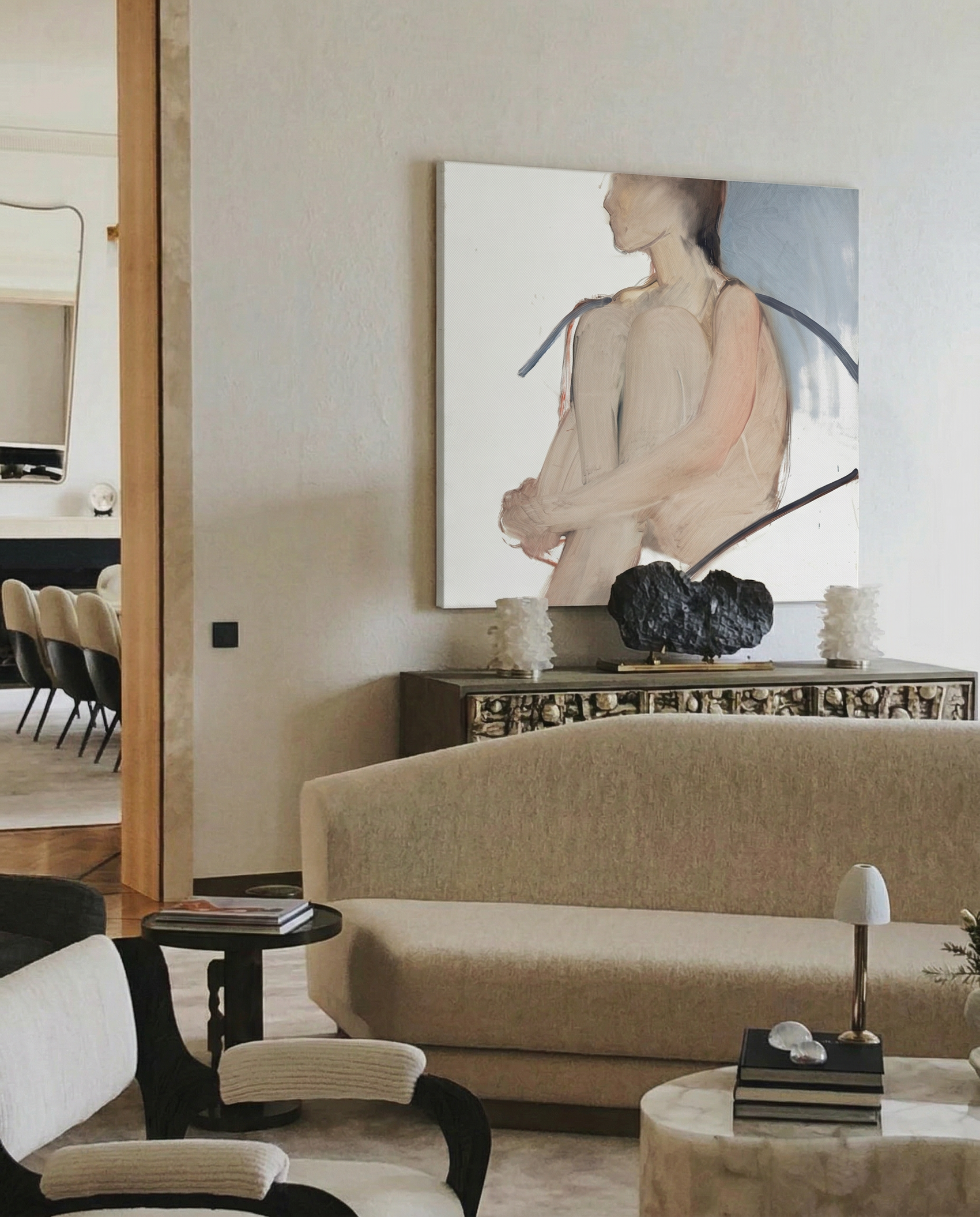 Modern living room with beige sofa, black chairs, and a large abstract painting on the wall. Held body – Figurative Canvas Wall Art | Contemporary Luxury Print | Brume Art