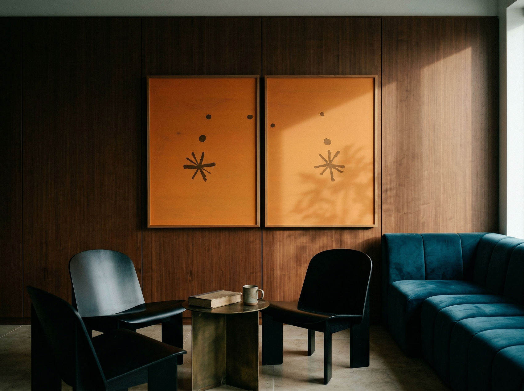 Modern interior with a blue sofa, black chairs, and abstract wall art. Marks – Bold Abstract Canvas Wall Art | Premium Luxury Print | Brume Art