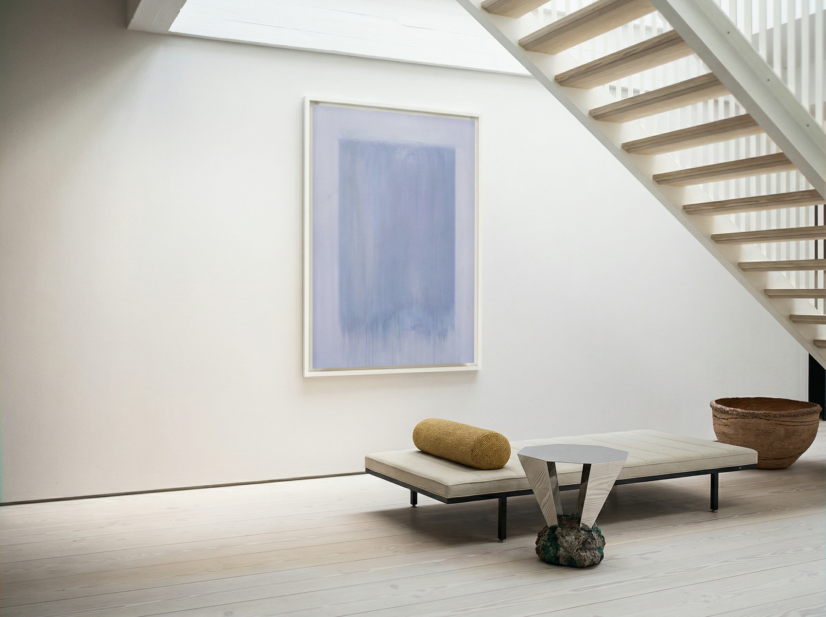 Modern interior with abstract art, bench, and decorative items on a light wood floor. Frame – Bold Abstract Canvas Wall Art | Large Luxury Print | Brume Art