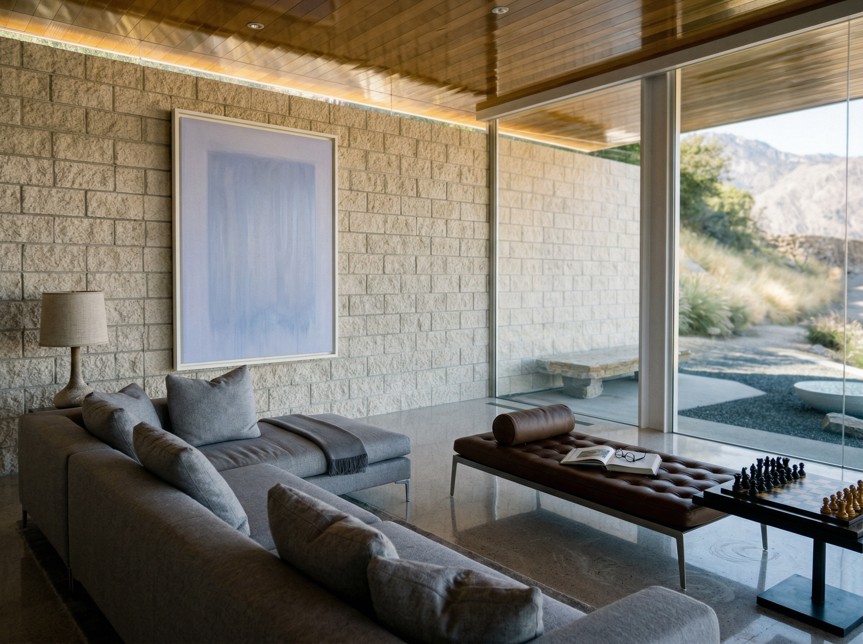 Modern living room with gray sofa, wooden coffee table, and large windows. Frame – Bold Abstract Canvas Wall Art | Large Luxury Print | Brume Art