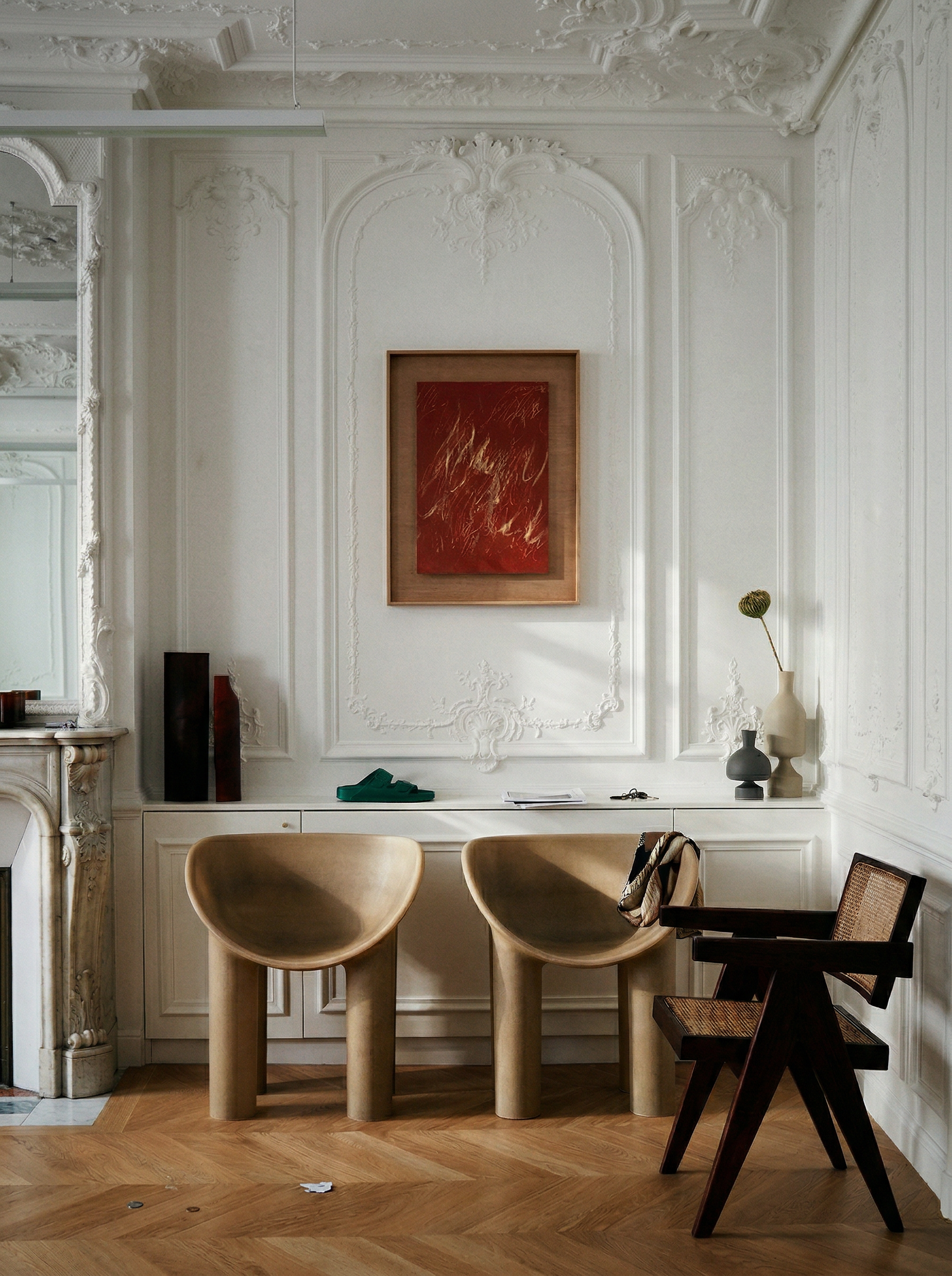 Elegant interior with ornate white walls, a fireplace, and modern furniture. Noise – Abstract Canvas Art | Large Luxury Wall Print | Brume Art