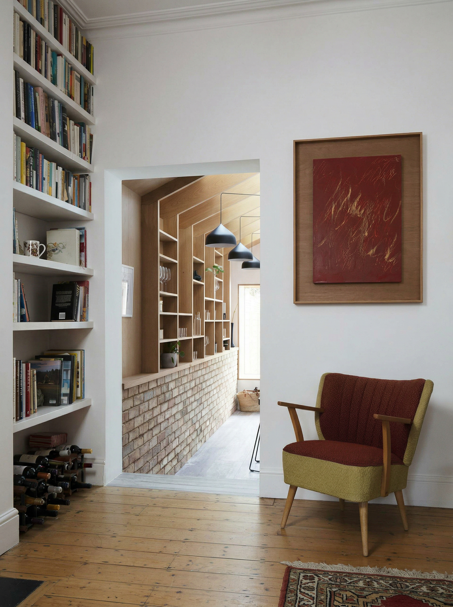 Living room with bookshelves, armchair, and framed artwork on a white wall. Noise – Abstract Canvas Art | Large Luxury Wall Print | Brume Art