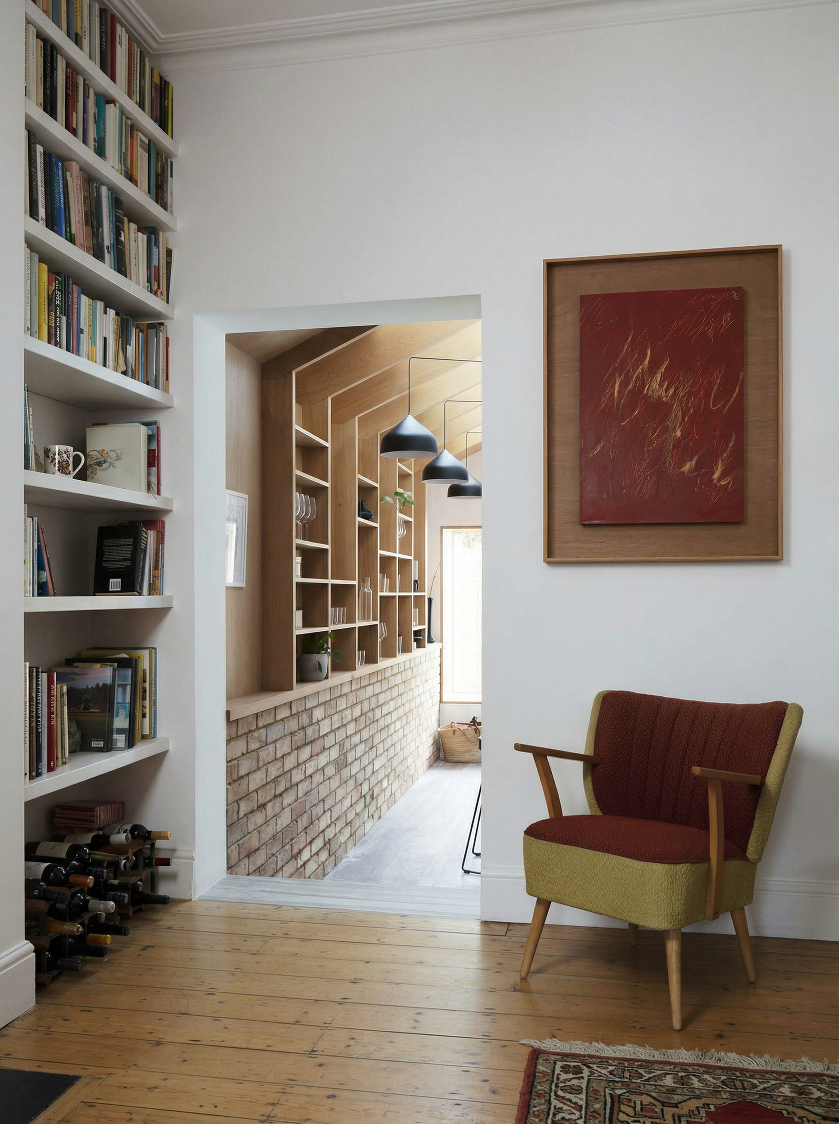 Living room with bookshelves, armchair, and framed artwork on a white wall. Noise – Abstract Canvas Art | Large Luxury Wall Print | Brume Art