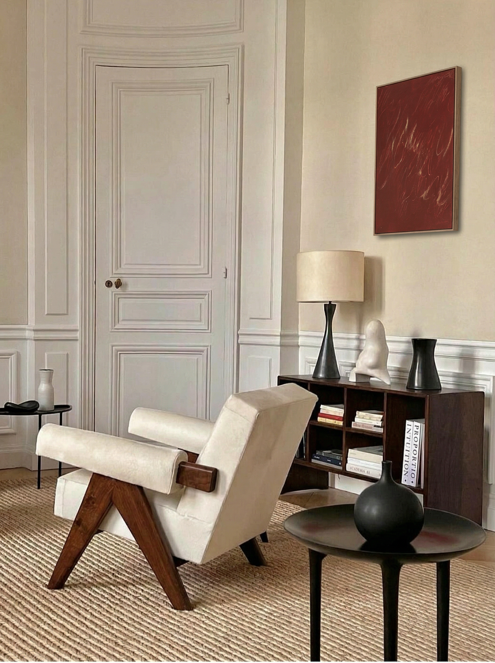 Modern armchair in a stylish living room with a bookshelf and artwork. Noise – Abstract Canvas Art | Large Luxury Wall Print | Brume Art