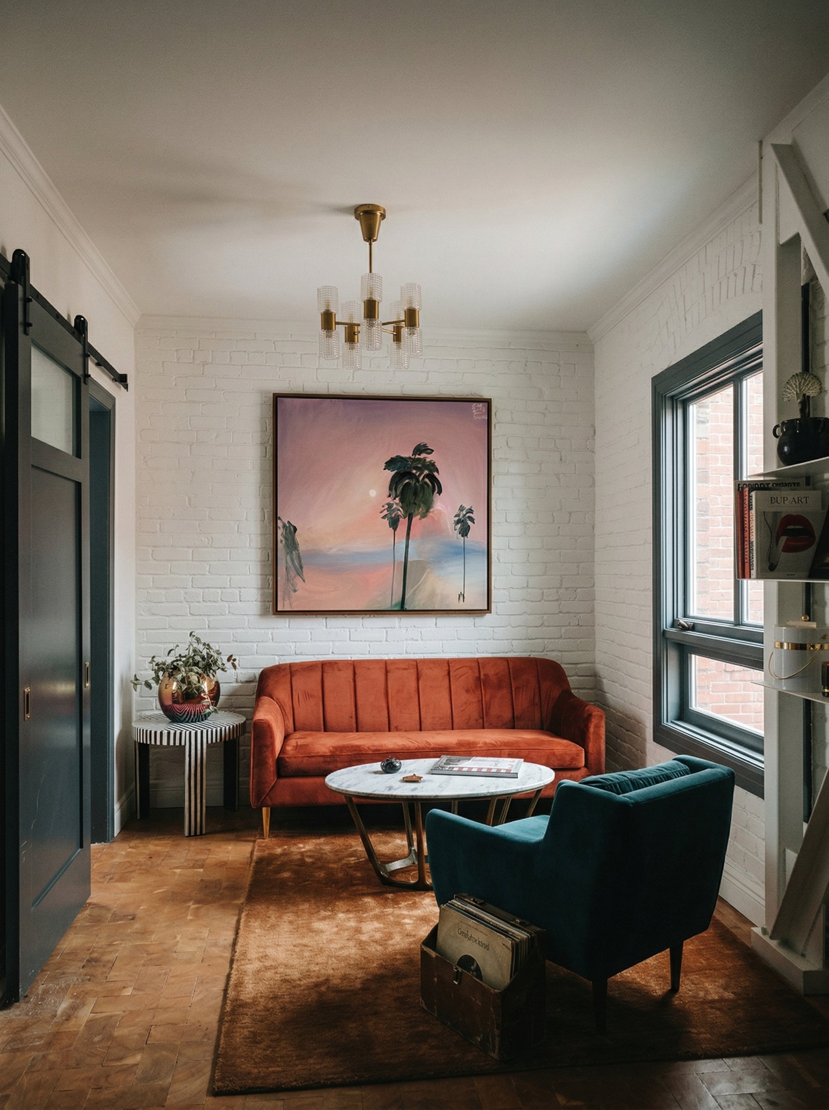 Living room with orange sofa, blue armchair, and framed artwork on white brick wall. Palm tree – Landscape Canvas Wall Art | Large Luxury Print | Brume Art 