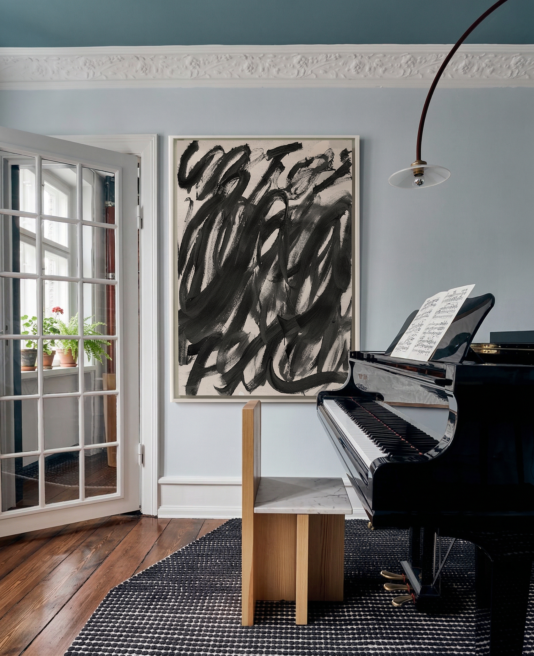 Grand piano in a room with abstract art on the wall Noise 2 – Textured Abstract Canvas Art | Premium Luxury Wall Decor | Brume Art