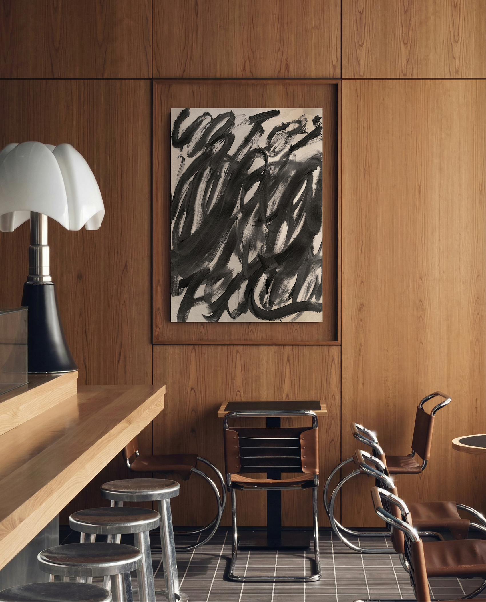 Modern interior with wooden walls, a lamp, and abstract art. Noise 2 – Textured Abstract Canvas Art | Premium Luxury Wall Decor | Brume Art