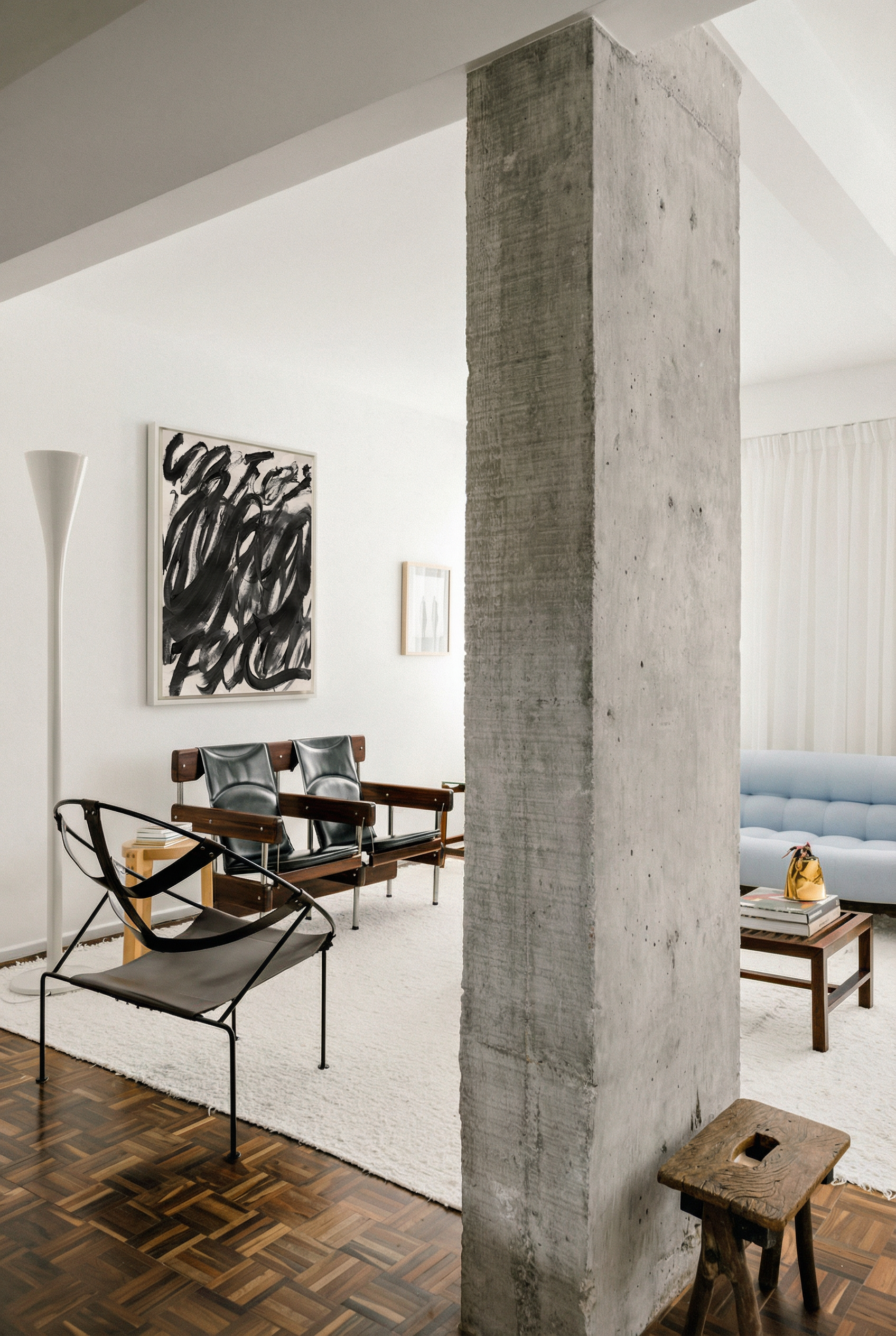 Modern living room with concrete pillar, abstract art, and stylish furniture. Noise 2 – Textured Abstract Canvas Art | Premium Luxury Wall Decor | Brume Art