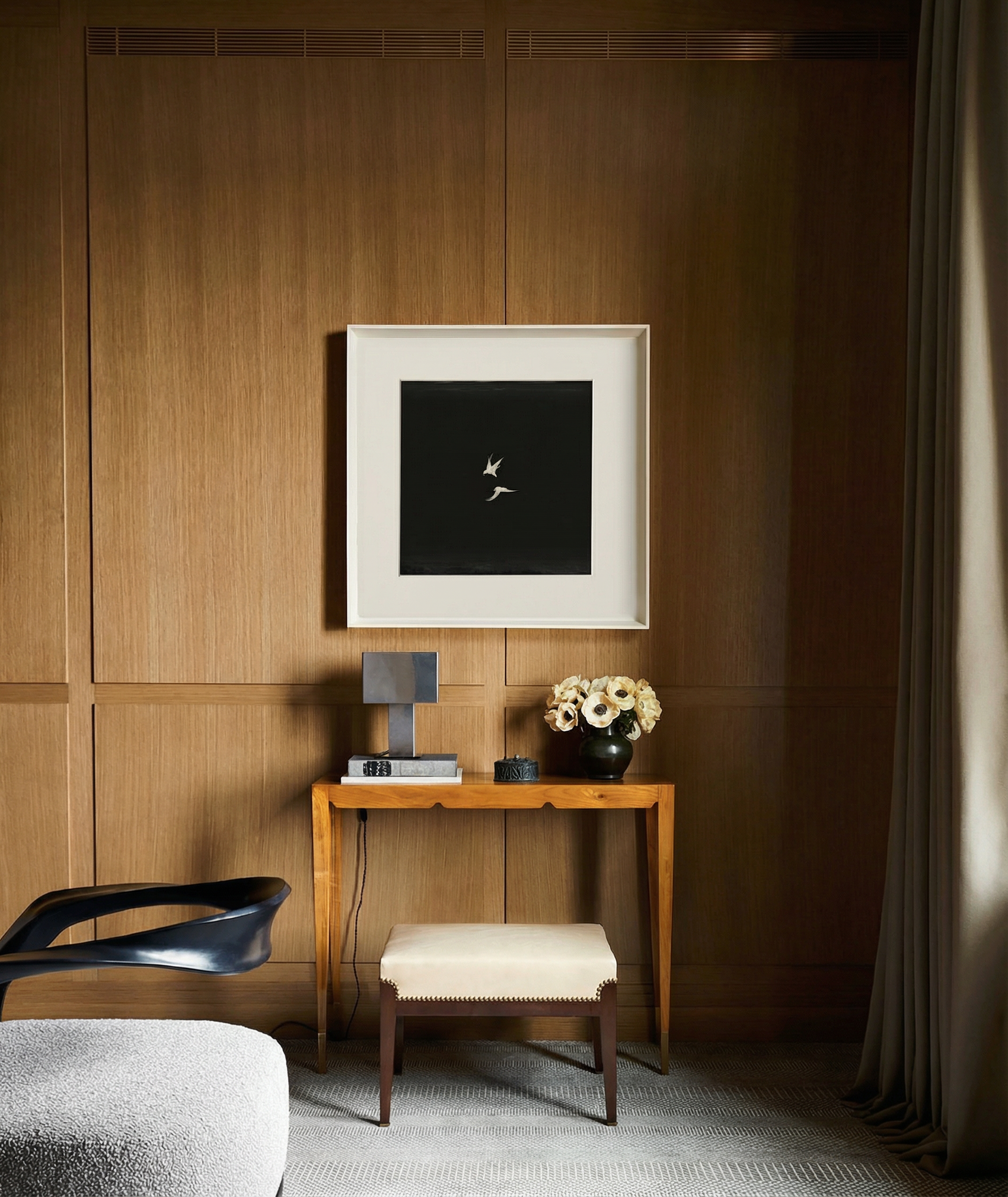 Modern interior with wooden wall, table, chair, and framed artwork. Bird 2 – Elegant Nature Canvas Print | Luxury Wall Art | Brume Art
