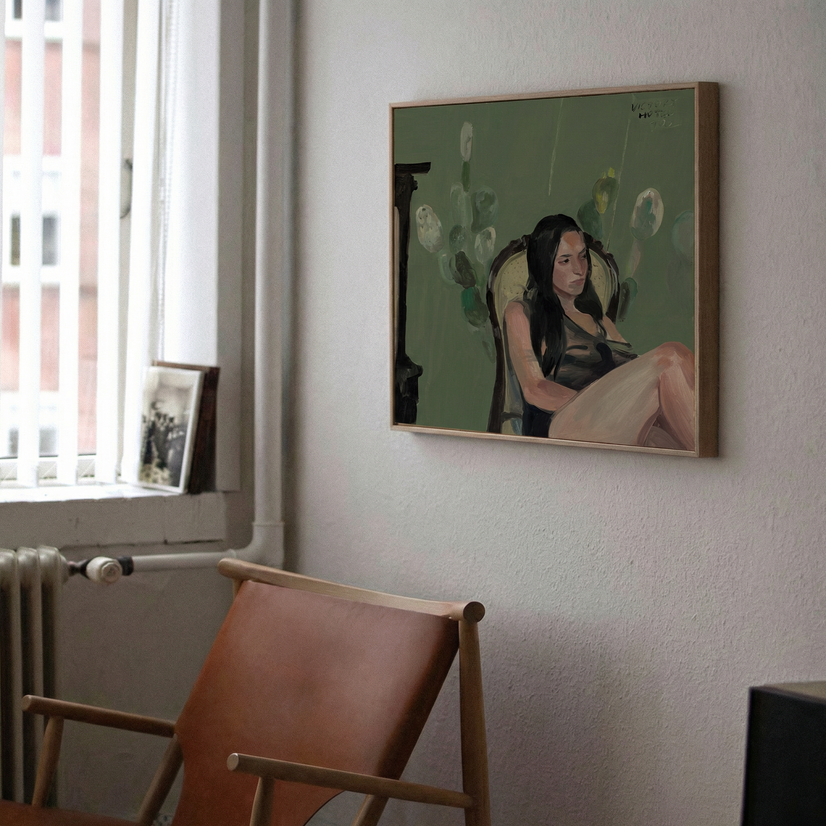 Painting of a woman in a chair on a wall next to a window with a radiator. Bangkok girl– Figurative Canvas Wall Art | Contemporary Luxury Print | Brume Art| Luxury Wall Decor | Large Canvas Wall Art | Oversized Wall Hanging-Brume art