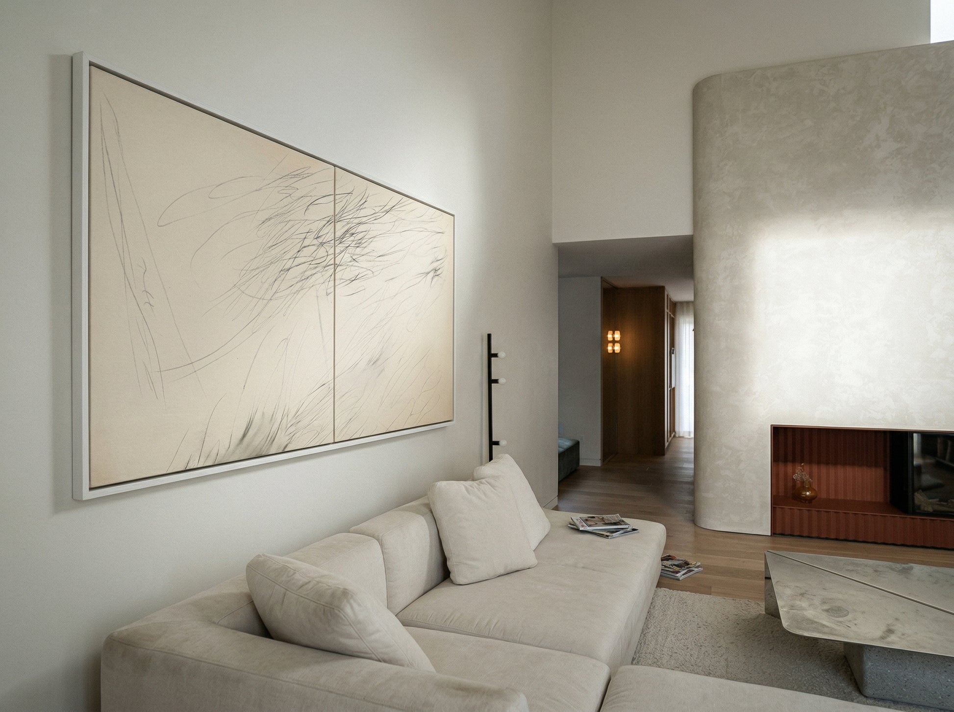 Modern living room with a beige sofa, abstract art, and a fireplace. Black lines – Bold Abstract Canvas Print | Large Luxury Wall Art