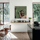 Modern kitchen with a painting on the wall and a view of trees outside. Bangkok girl– Figurative Canvas Wall Art | Contemporary Luxury Print | Brume Art| Luxury Wall Decor | Large Canvas Wall Art | Oversized Wall Hanging-Brume art