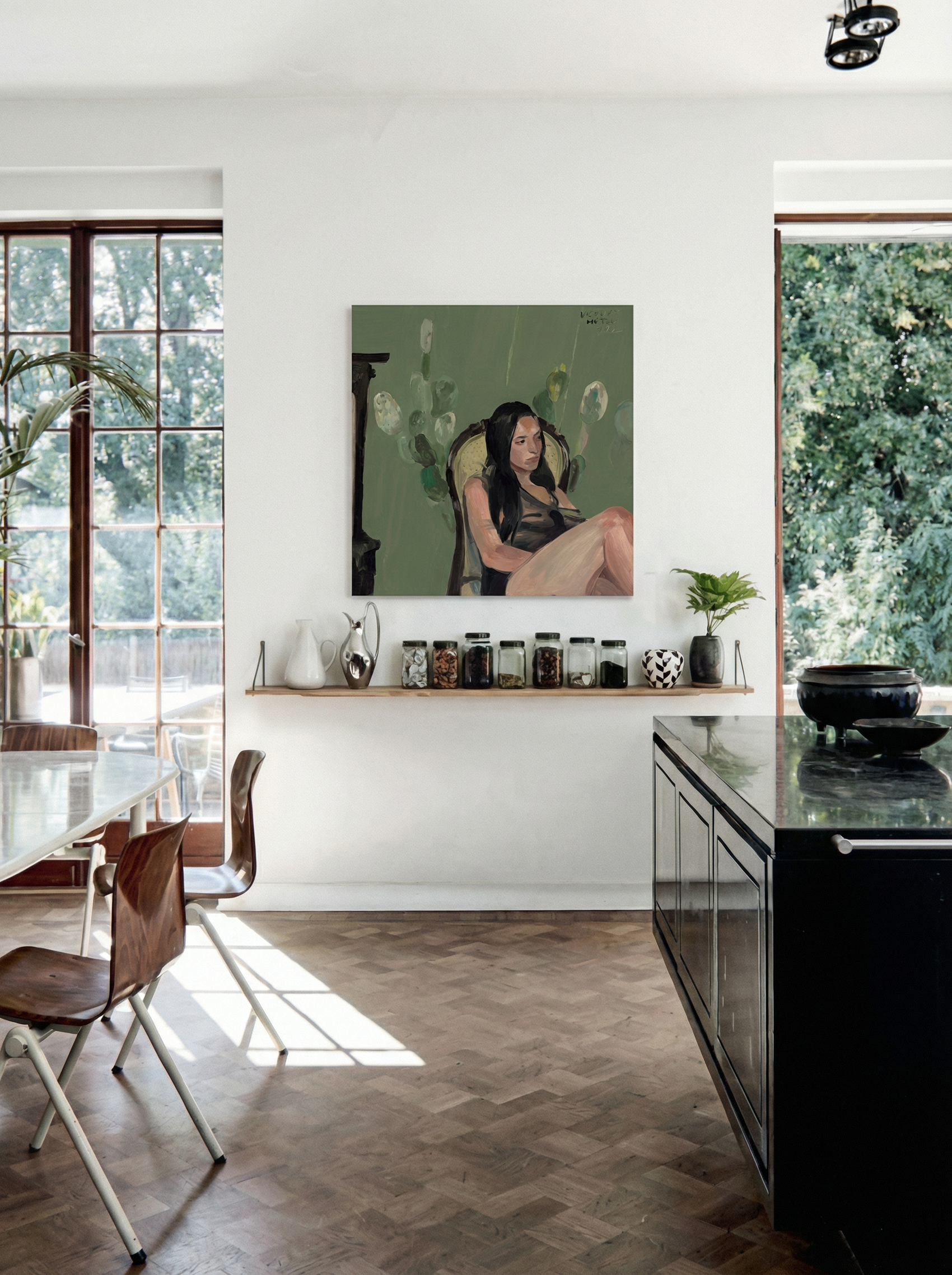 Modern kitchen with a painting on the wall and a view of trees outside. Bangkok girl– Figurative Canvas Wall Art | Contemporary Luxury Print | Brume Art| Luxury Wall Decor | Large Canvas Wall Art | Oversized Wall Hanging-Brume art