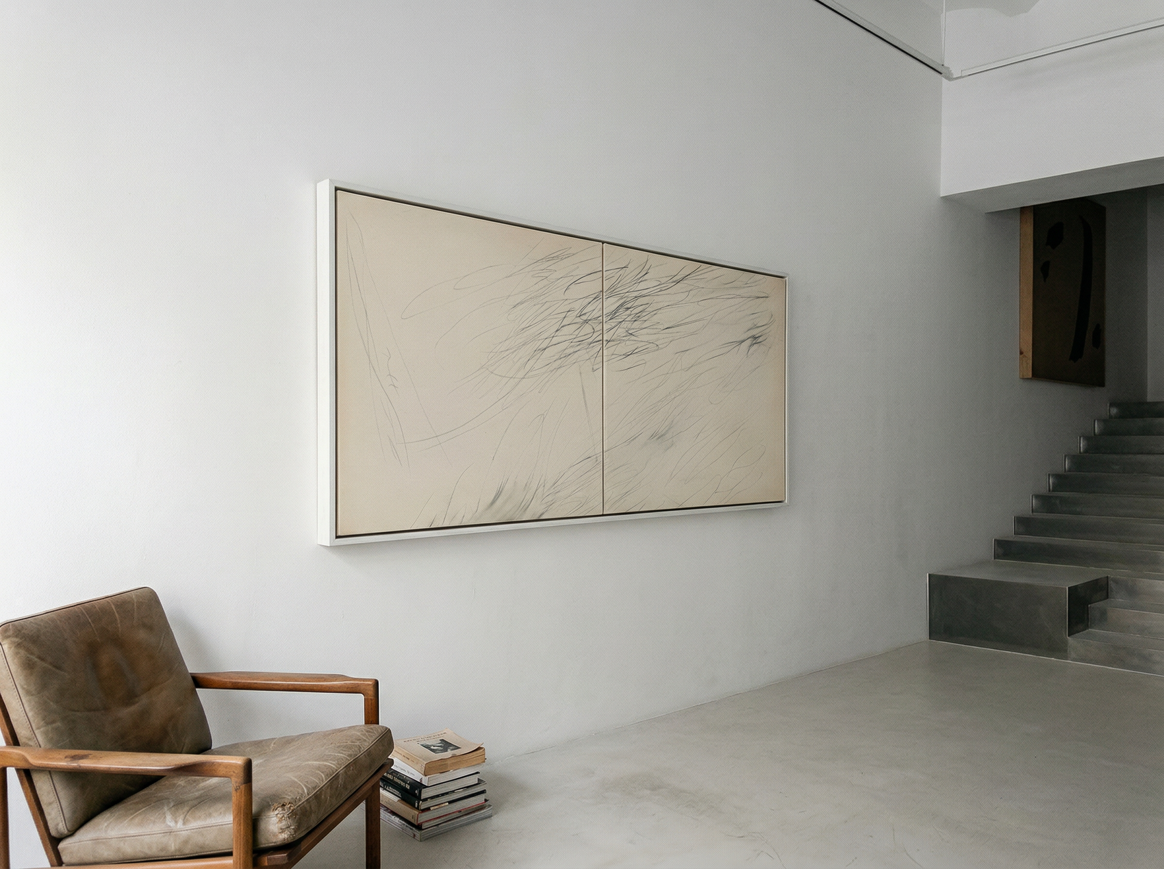 Modern interior with a large abstract painting on a white wall, a brown chair, and a staircase. Black lines – Bold Abstract Canvas Print | Large Luxury Wall Art