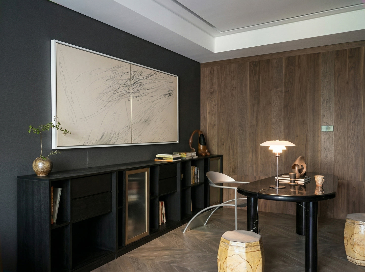 Modern interior design with dark walls, a black table, and decorative items. Black lines – Bold Abstract Canvas Print | Large Luxury Wall Art