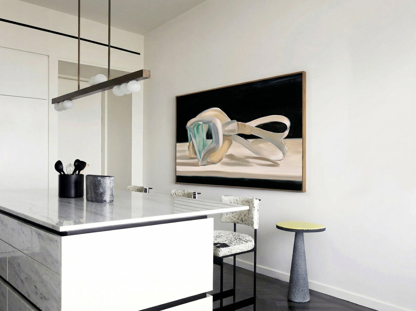 Modern kitchen with a white island, chairs, and a wall-mounted TV displaying abstract art. Goggles – Unique Figurative Canvas Art | Premium Wall Decor | Brume Art