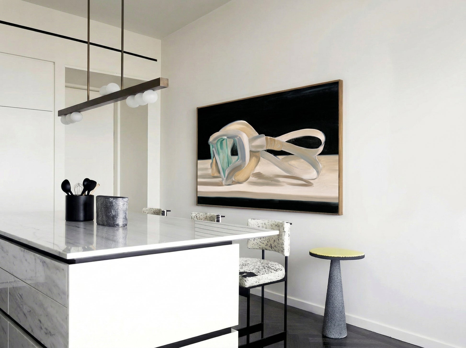 Modern kitchen with a white island, chairs, and a wall-mounted TV displaying abstract art. Goggles – Unique Figurative Canvas Art | Premium Wall Decor | Brume Art