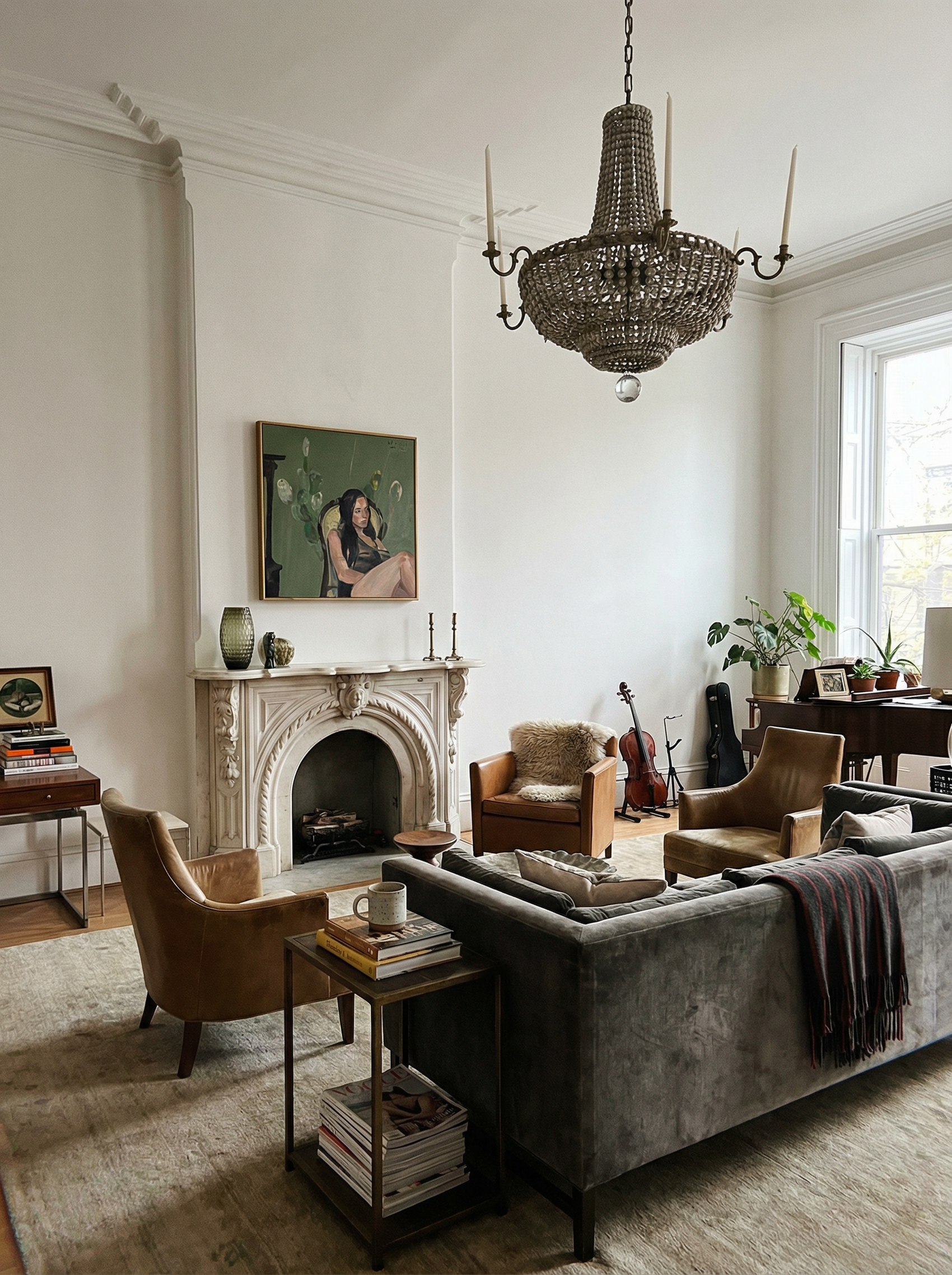 Living room with gray sofa, armchairs, and a chandelier. Bangkok girl– Figurative Canvas Wall Art | Contemporary Luxury Print | Brume Art| Luxury Wall Decor | Large Canvas Wall Art | Oversized Wall Hanging-Brume art