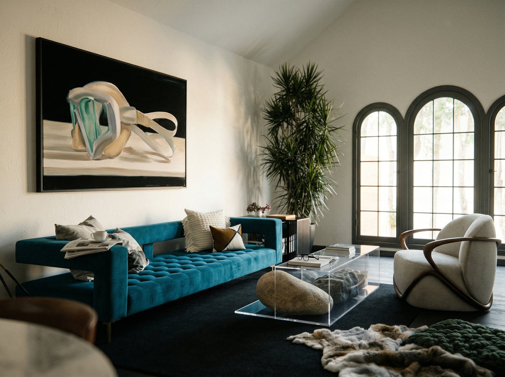 Modern living room with a blue sofa, glass coffee table, and decorative elements. Goggles – Unique Figurative Canvas Art | Premium Wall Decor | Brume Art