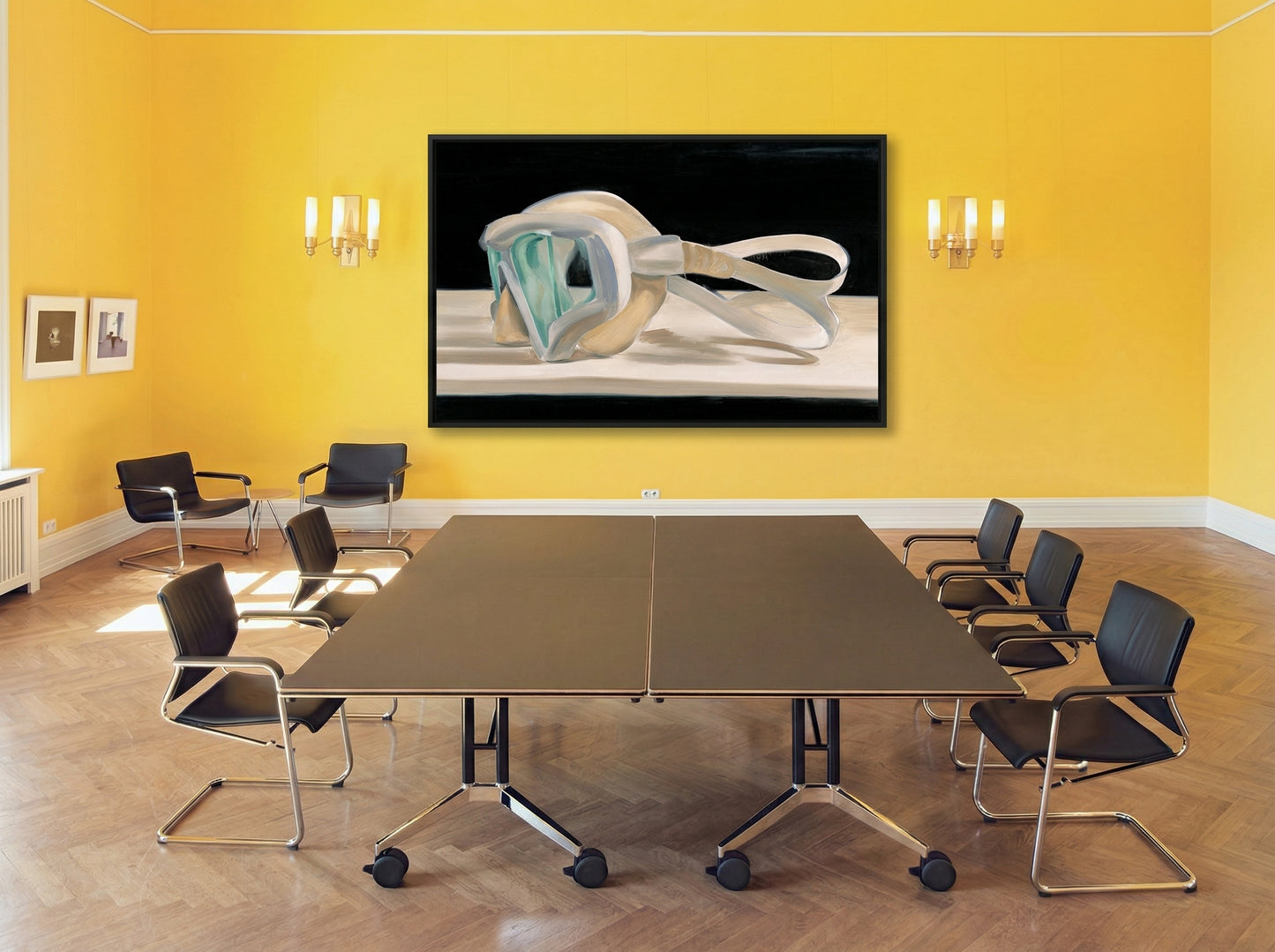 Conference room with yellow walls, a large table, and chairs. Goggles – Unique Figurative Canvas Art | Premium Wall Decor | Brume Art