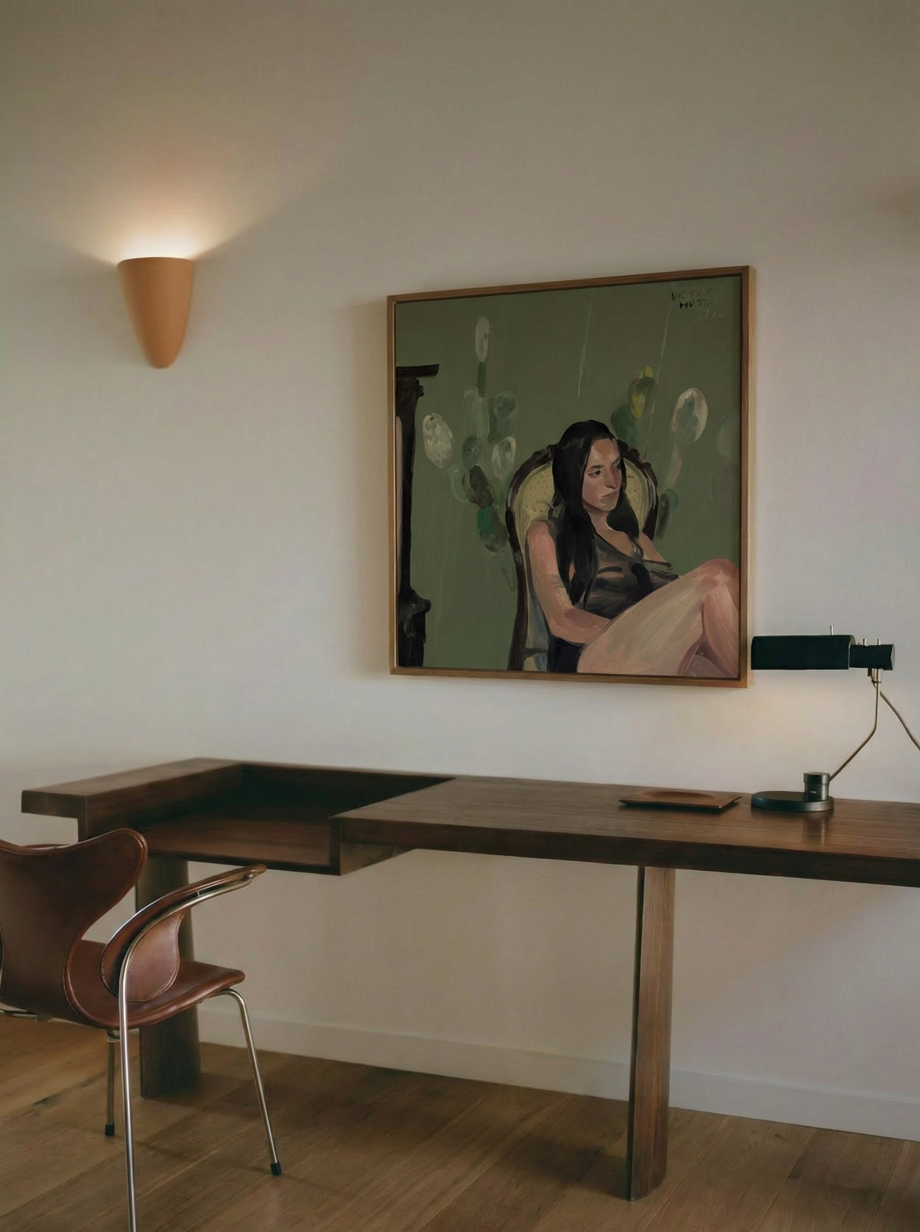 Room interior with a painting of a woman and flowers on the wall above a desk. Bangkok girl– Figurative Canvas Wall Art | Contemporary Luxury Print | Brume Art| Luxury Wall Decor | Large Canvas Wall Art | Oversized Wall Hanging-Brume art