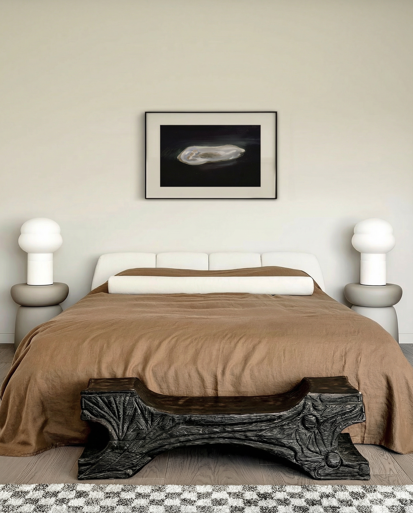 Bedroom with a bed, bench, and wall art Pearl 2 – Elegant Abstract Canvas Wall Art | Luxury Giclée Print | Brume Art| Luxury Wall Decor | Large Canvas Wall Art | Oversized Wall Hanging-Brume art