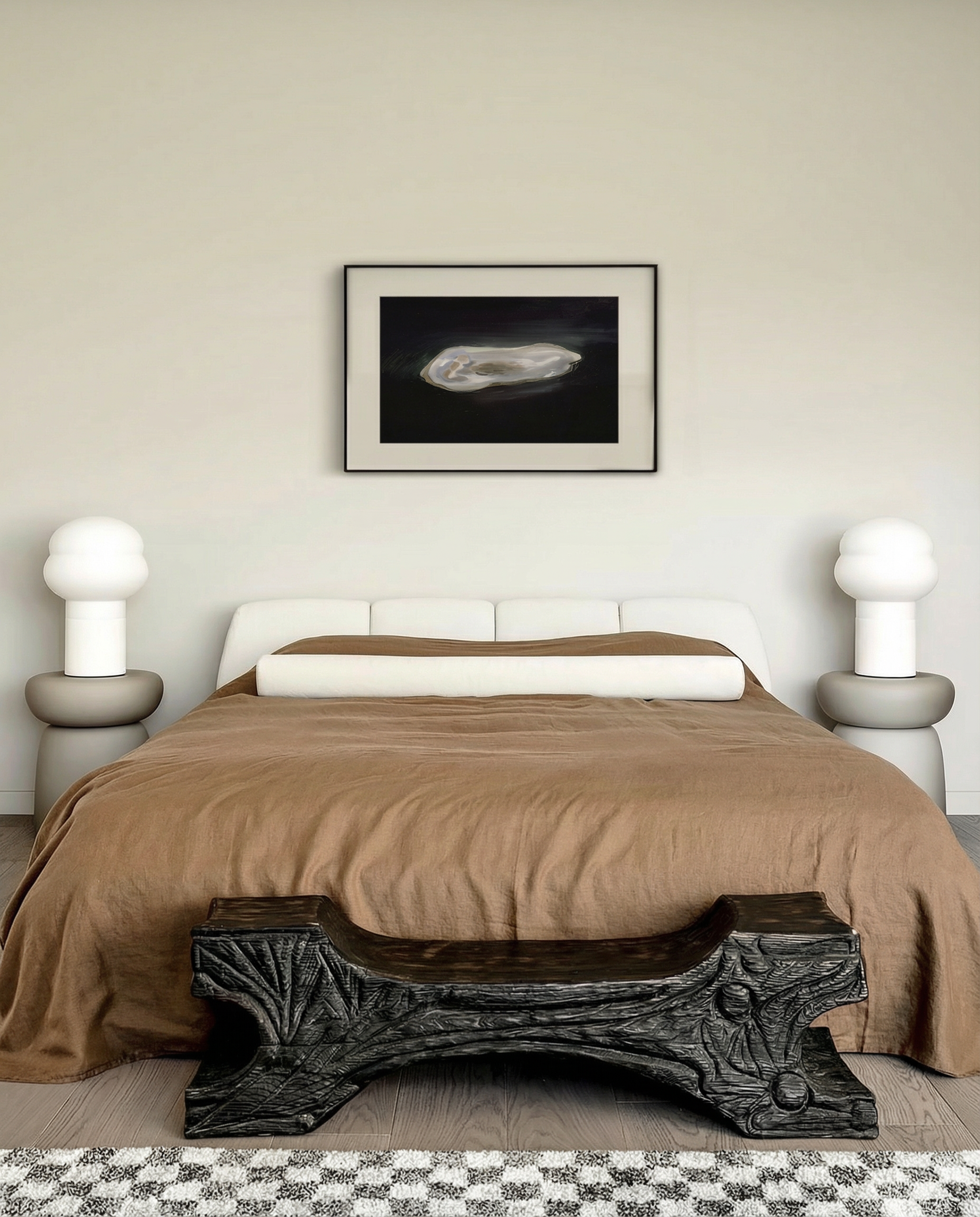 Bedroom with a bed, bench, and wall art Pearl 2 – Elegant Abstract Canvas Wall Art | Luxury Giclée Print | Brume Art| Luxury Wall Decor | Large Canvas Wall Art | Oversized Wall Hanging-Brume art