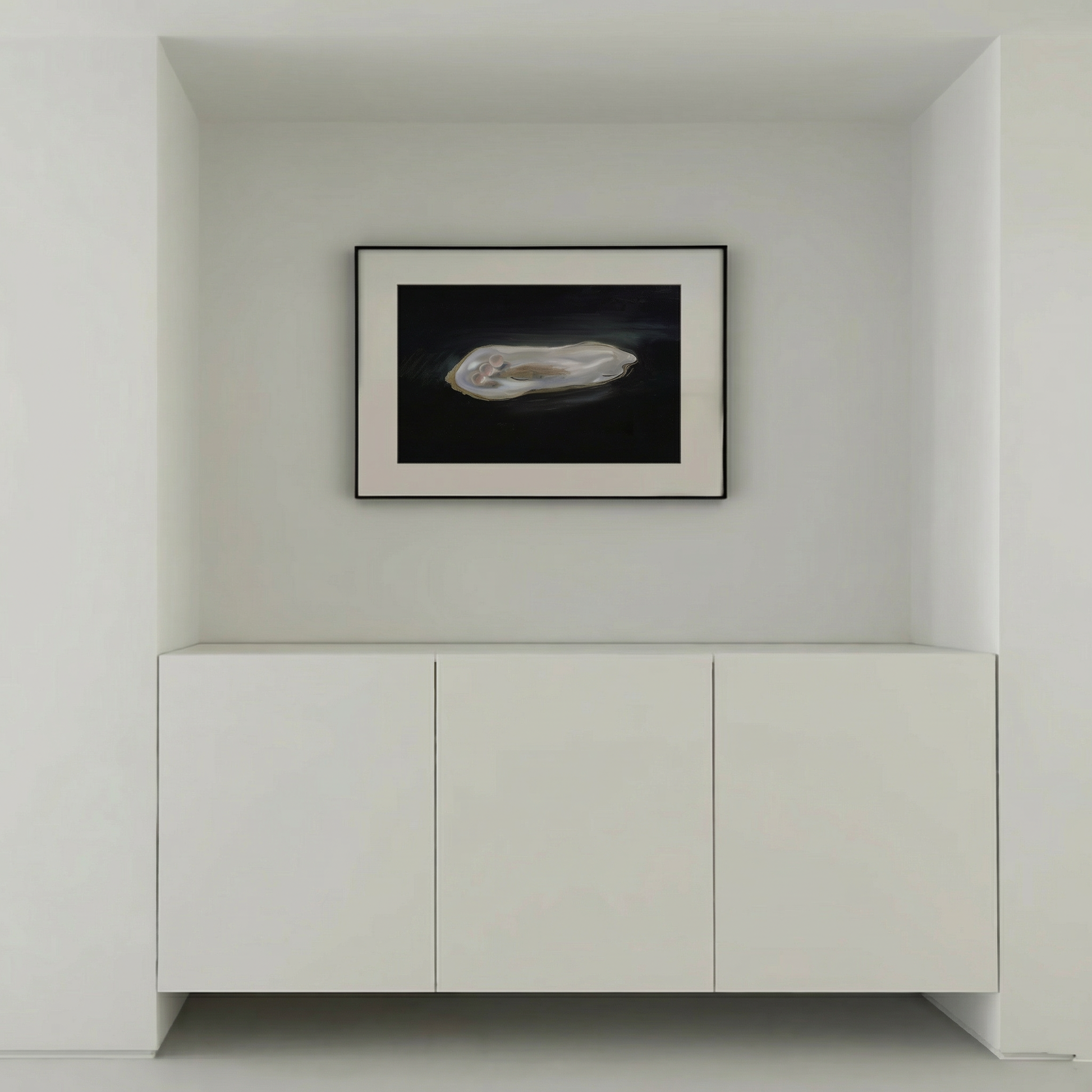 Framed artwork on a wall above a white cabinet Pearl 2 – Elegant Abstract Canvas Wall Art | Luxury Giclée Print | Brume Art| Luxury Wall Decor | Large Canvas Wall Art | Oversized Wall Hanging-Brume art