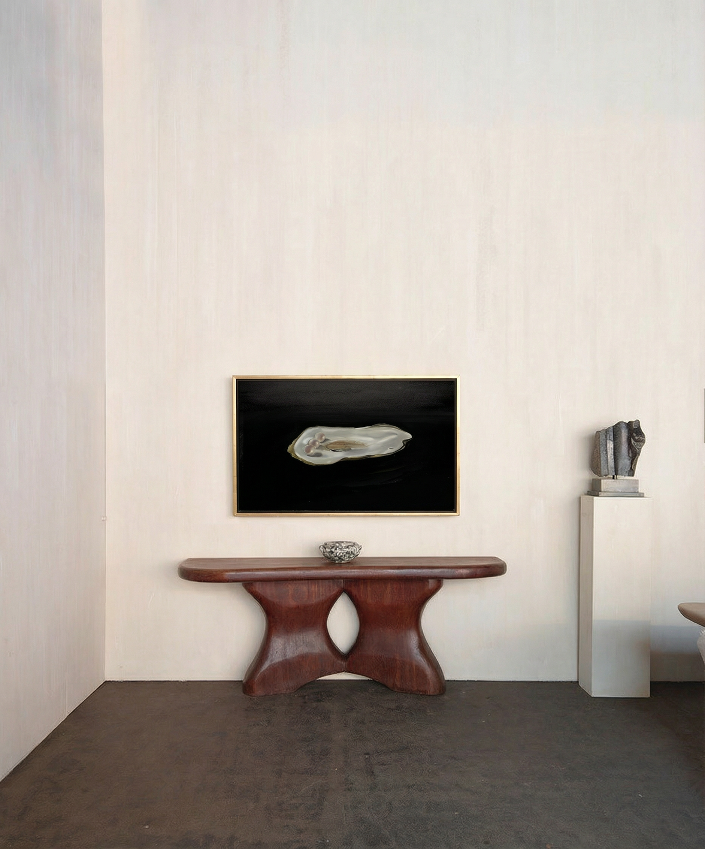 Modern interior with a wooden console table, abstract sculpture, and framed artwork on a white wall. Pearl 2 – Elegant Abstract Canvas Wall Art | Luxury Giclée Print | Brume Art| Luxury Wall Decor | Large Canvas Wall Art | Oversized Wall Hanging-Brume art