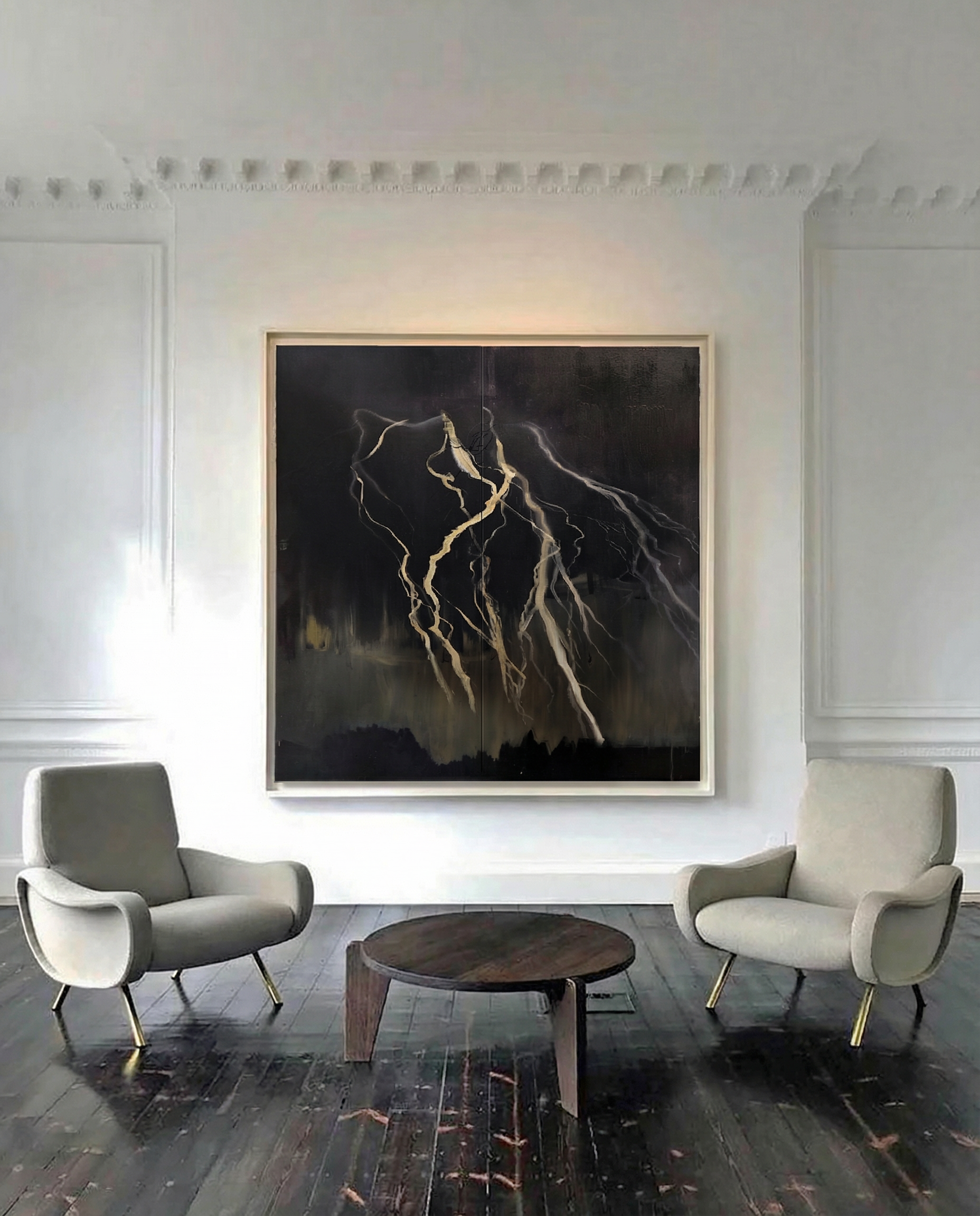 Modern living room with two armchairs and a round coffee table, featuring a large abstract painting on the wall. Strike 3 – Bold Abstract Canvas Wall Art | Premium Luxury Print | Brume Art