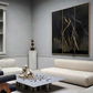 Modern living room with a large abstract painting on the wall, light-colored sofa, and decorative items. Strike 3 – Bold Abstract Canvas Wall Art | Premium Luxury Print | Brume Art