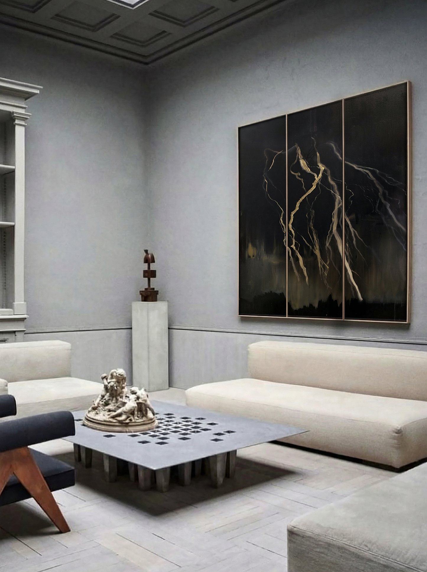 Modern living room with a large abstract painting on the wall, light-colored sofa, and decorative items. Strike 3 – Bold Abstract Canvas Wall Art | Premium Luxury Print | Brume Art