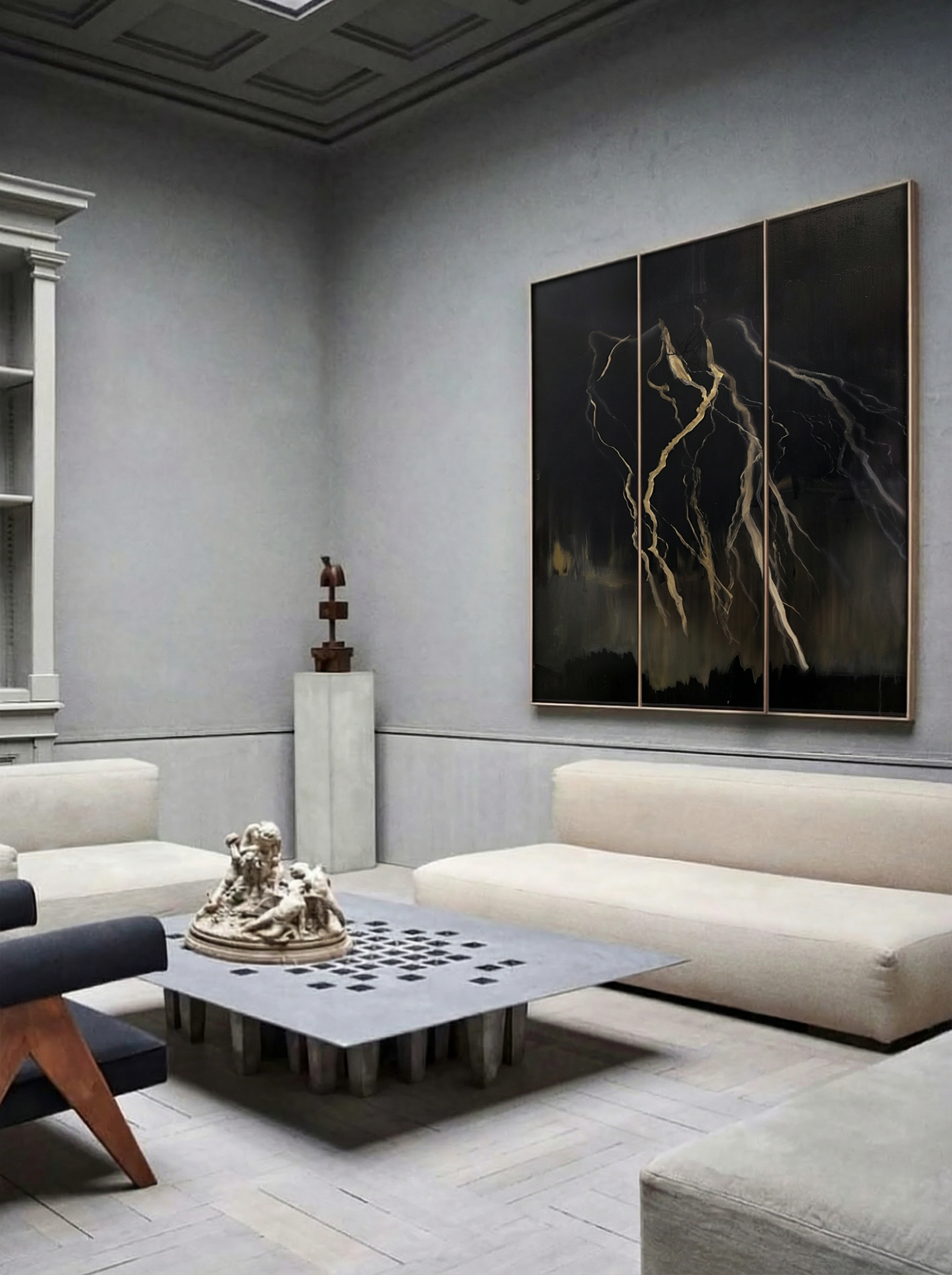 Modern living room with a large abstract painting on the wall, light-colored sofa, and decorative items. Strike 3 – Bold Abstract Canvas Wall Art | Premium Luxury Print | Brume Art