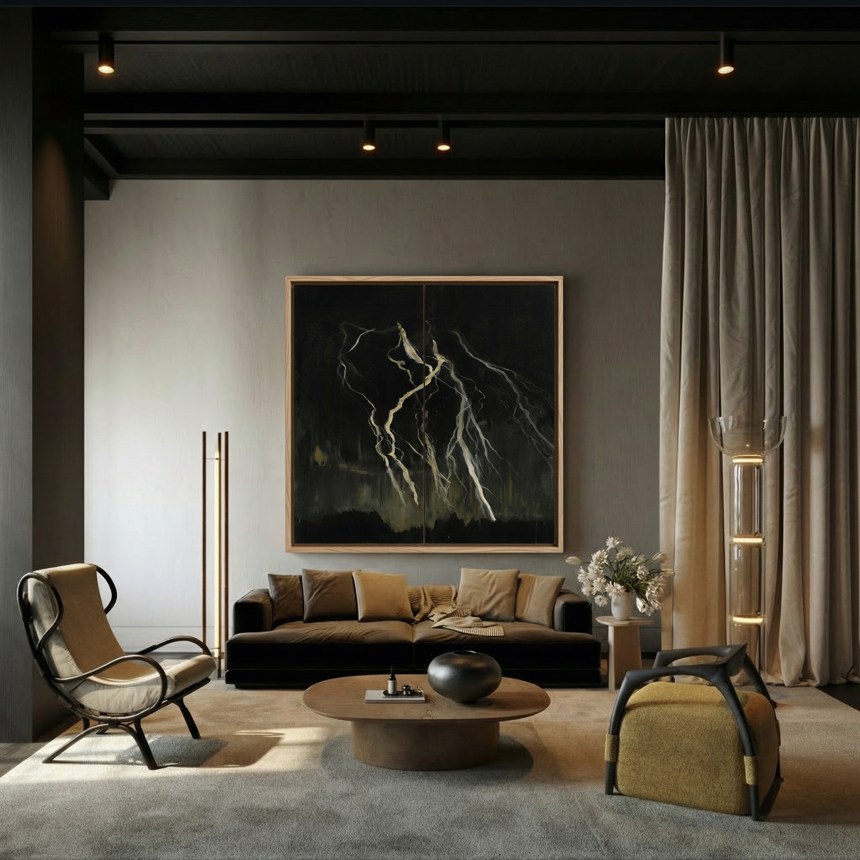 Modern living room with dark walls, a brown sofa, and decorative elements. Strike 3 – Bold Abstract Canvas Wall Art | Premium Luxury Print | Brume Art