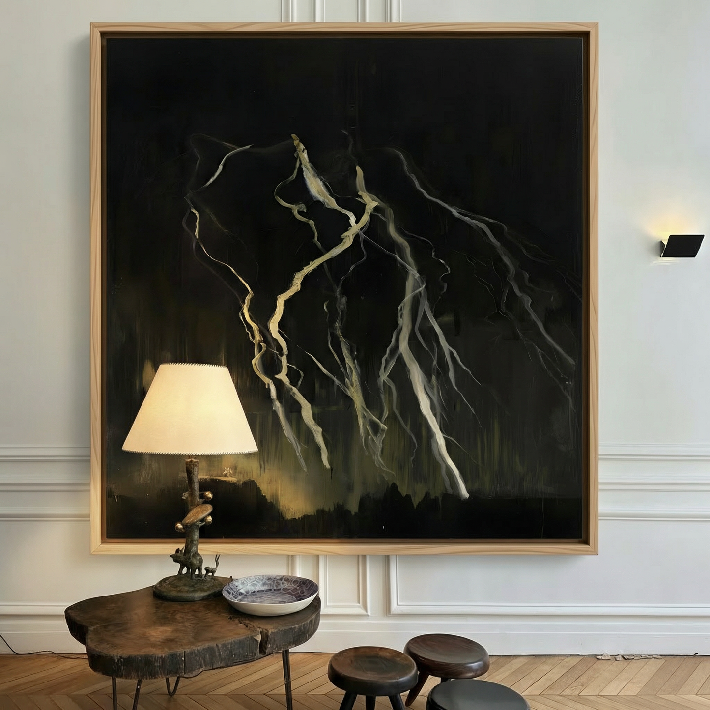 Framed artwork of lightning bolts on a wall above a wooden table with decorative items. Strike 3 – Bold Abstract Canvas Wall Art | Premium Luxury Print | Brume Art