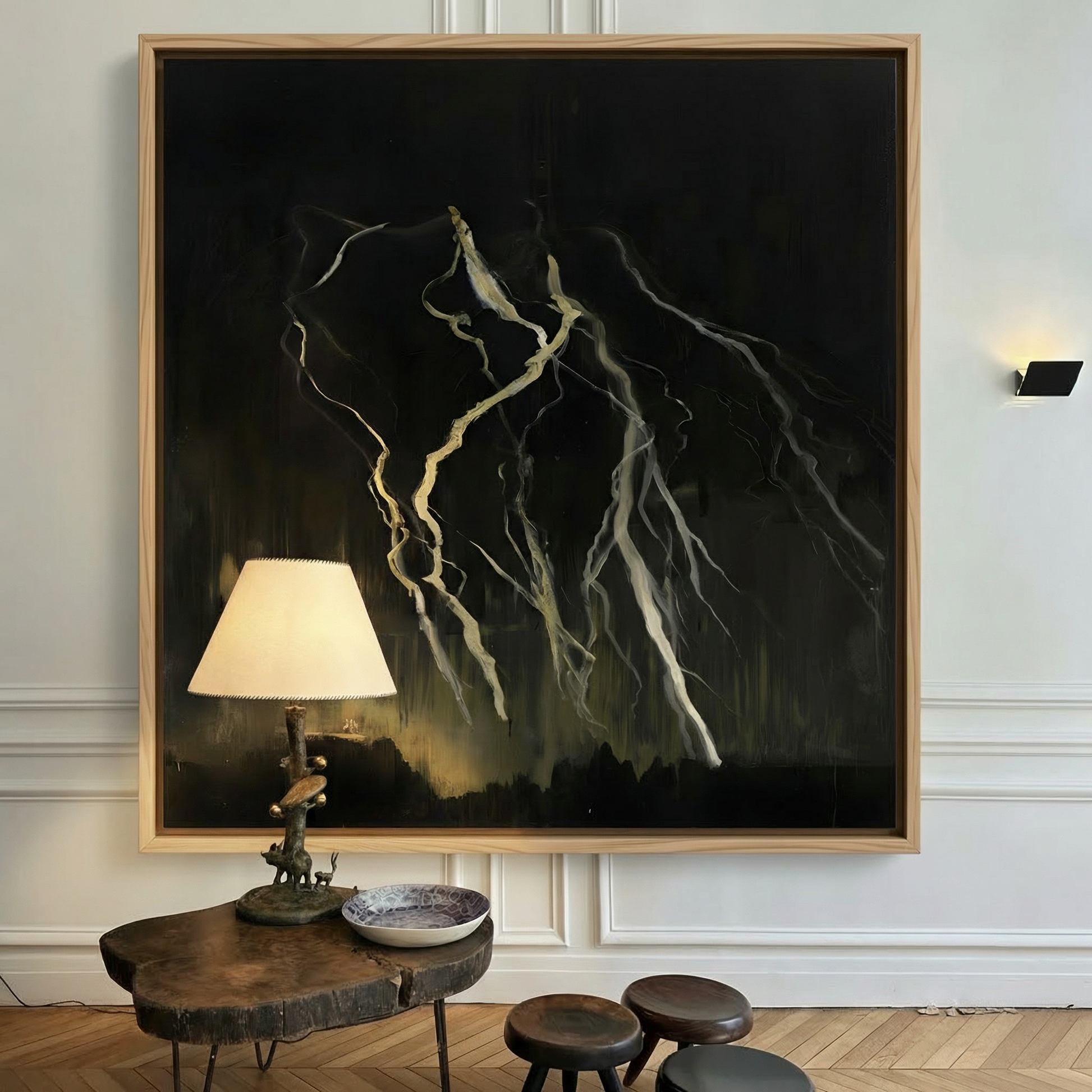 Framed artwork of lightning bolts on a wall above a wooden table with decorative items. Strike 3 – Bold Abstract Canvas Wall Art | Premium Luxury Print | Brume Art