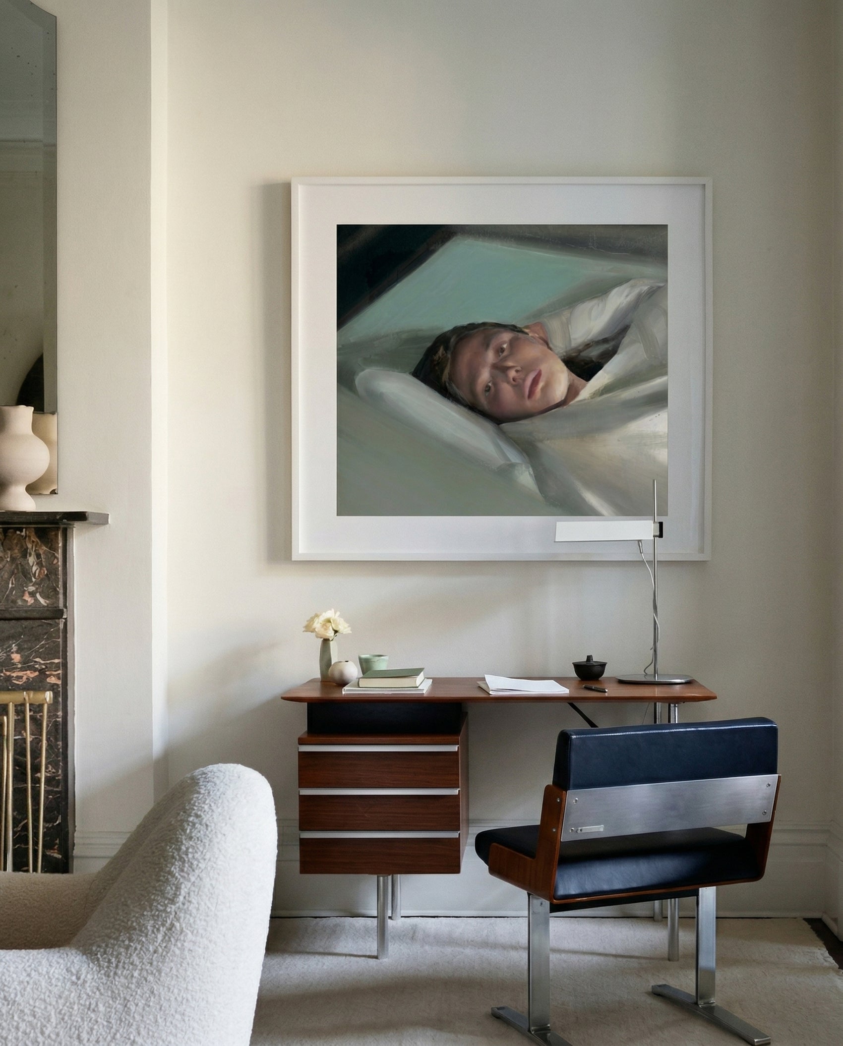 Modern interior with a desk, chair, and framed picture on a wall. Gaze – Figurative Canvas Wall Art | Premium Luxury Print | Brume Art | Luxury Wall Decor | Large Canvas Wall Art | Oversized Wall Hanging-Brume art