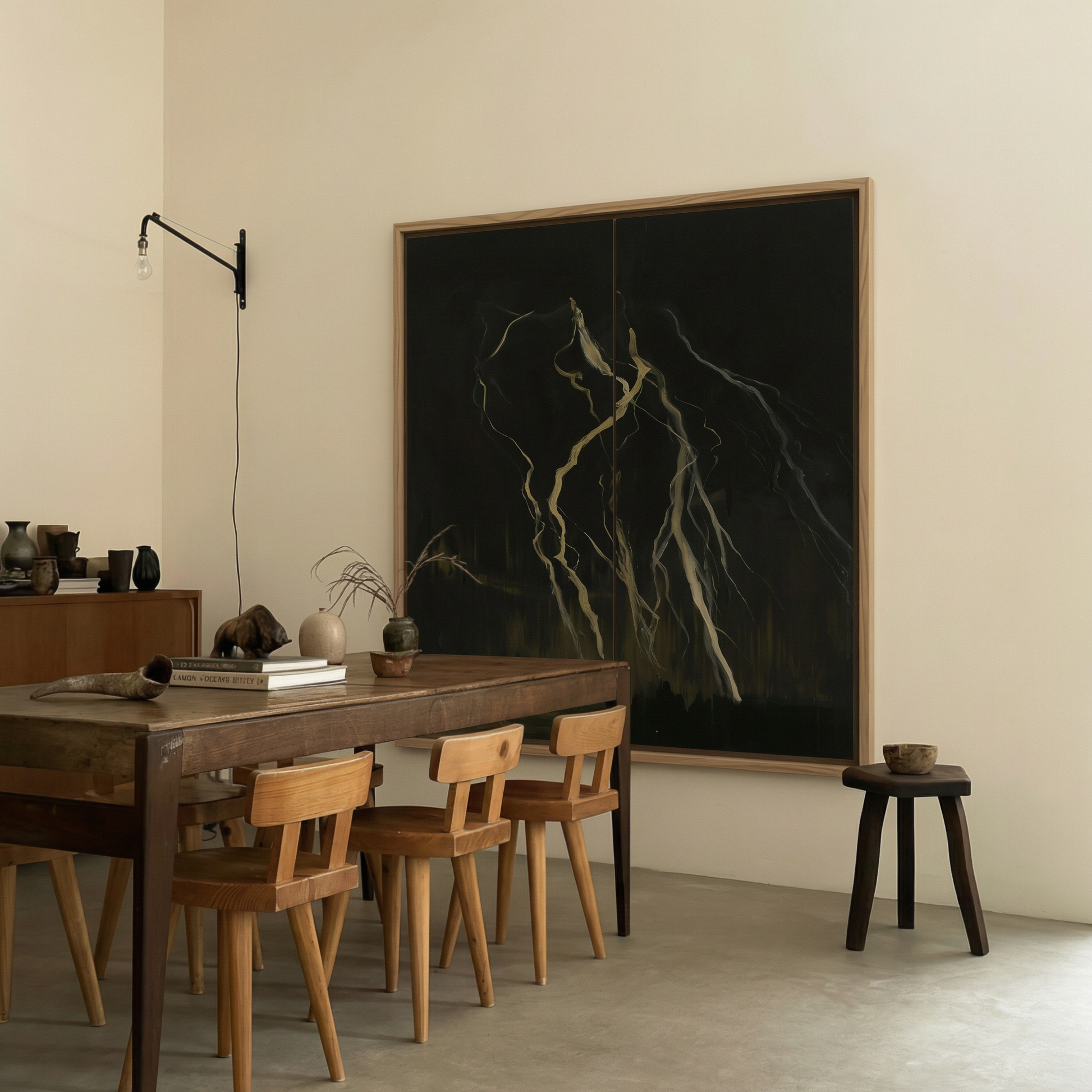 Dining room with wooden table and chairs, large framed artwork on the wall. Strike 3 – Bold Abstract Canvas Wall Art | Premium Luxury Print | Brume Art